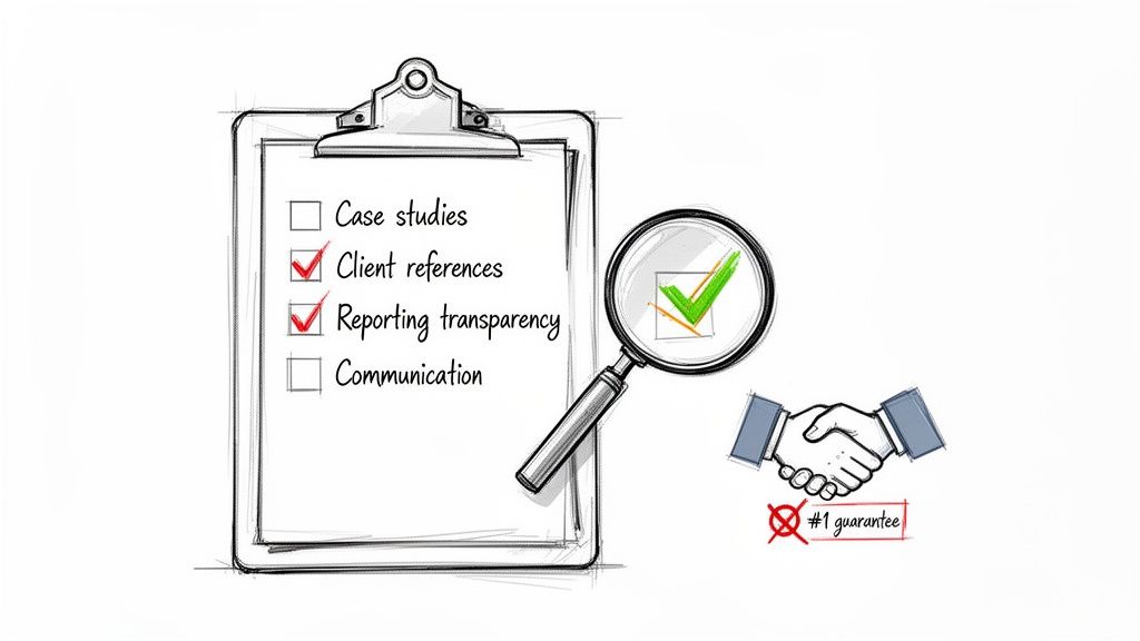 Checklist showing checked client references and reporting transparency, magnifying glass, handshake, prioritizing trust over guarantees.
