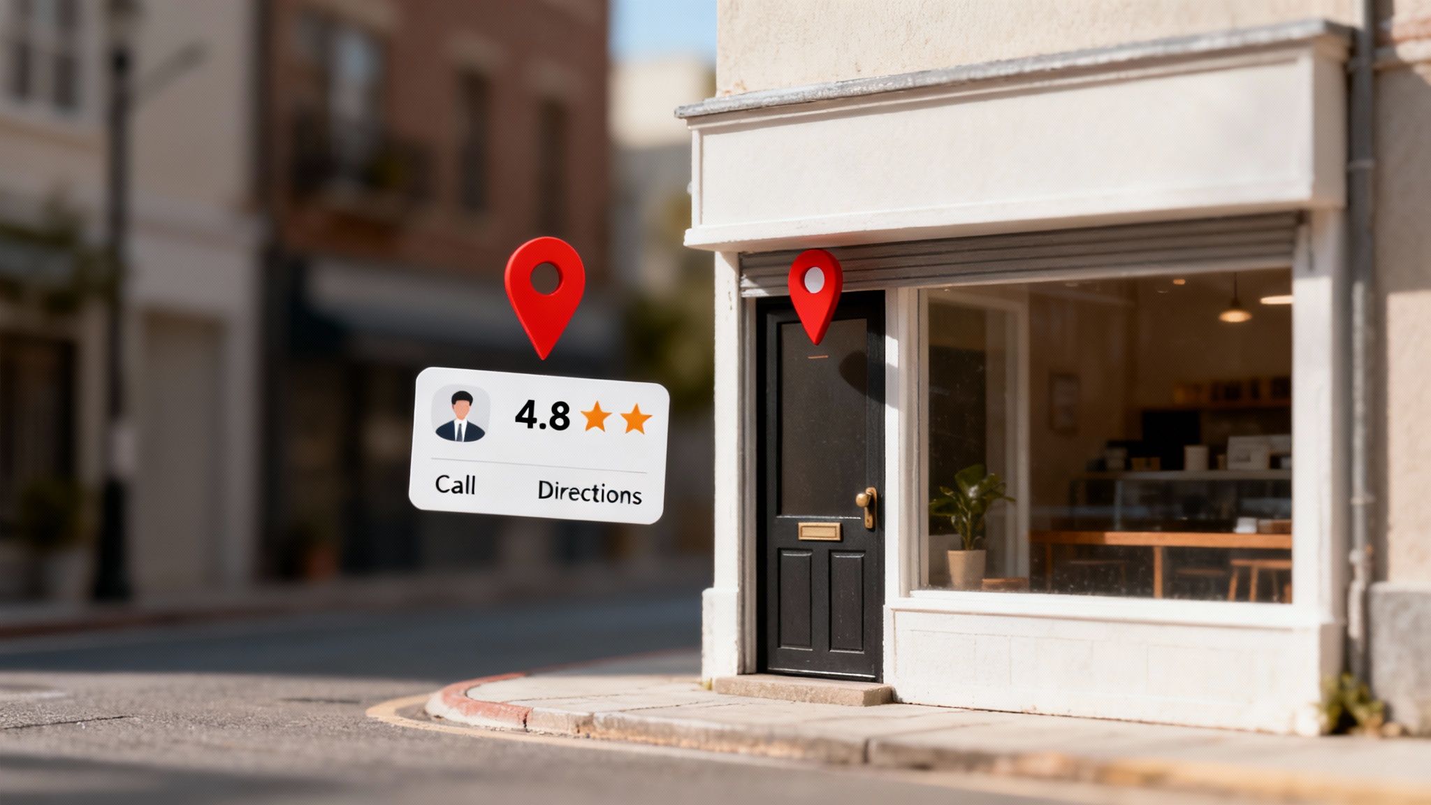 A storefront with a 4.8-star review card and map pins, symbolizing local business marketing.
