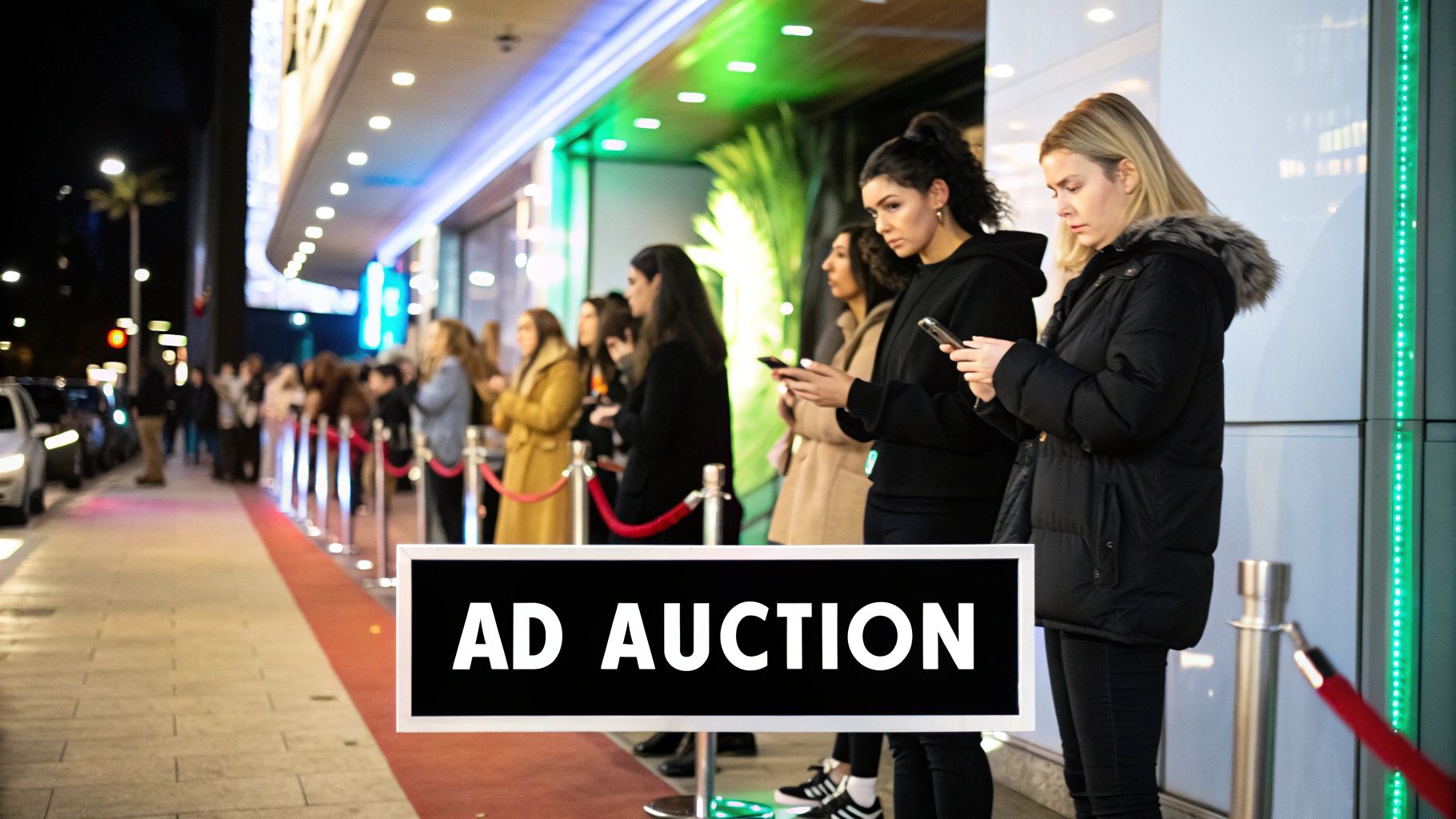 A digital illustration of a gavel and scales, representing the Google Ads auction process where bids and quality are weighed.