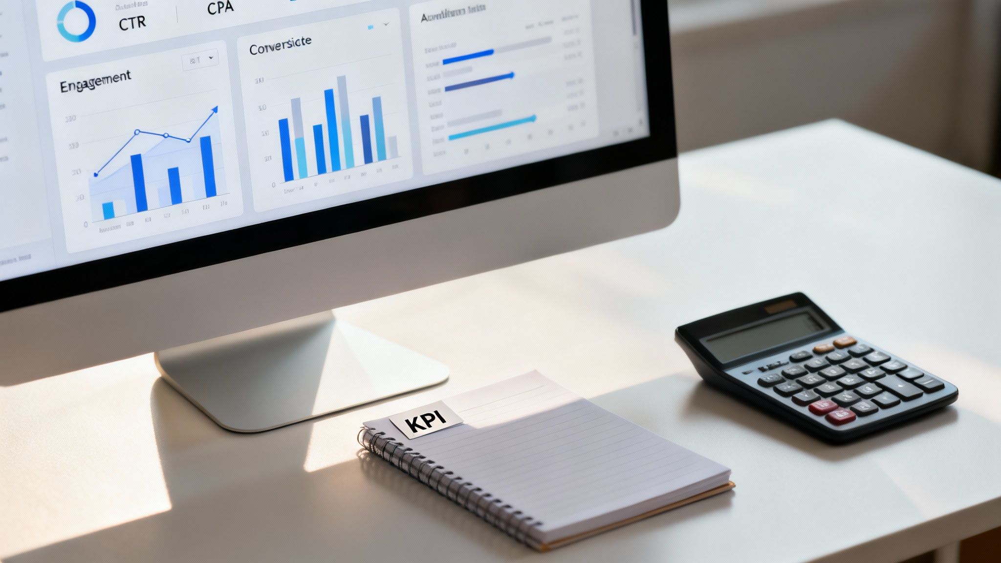 A close-up of a desk with a monitor displaying marketing analytics, a calculator, and a KPI notebook.