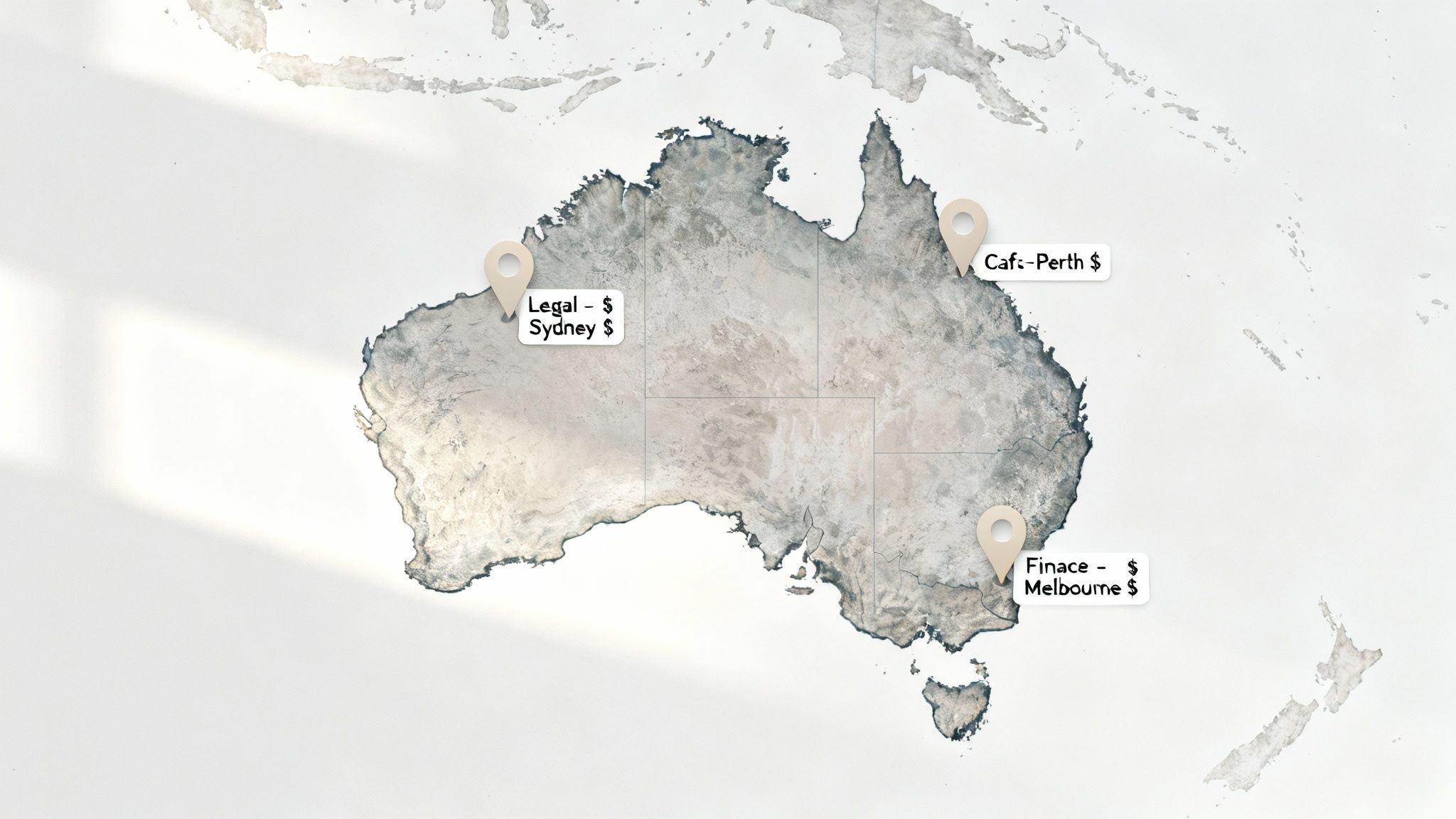 Map of Australia showing location pins for Legal in Sydney, Cafe in Perth, and Finance in Melbourne.