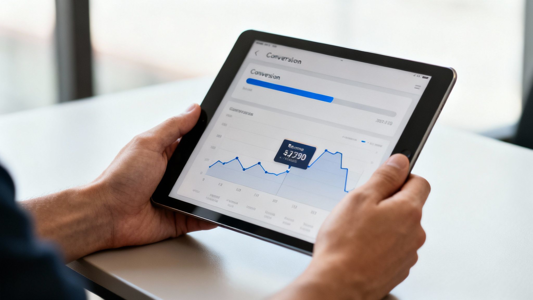 Hands holding a tablet displaying a business conversion graph with revenue data, showing $7,790.