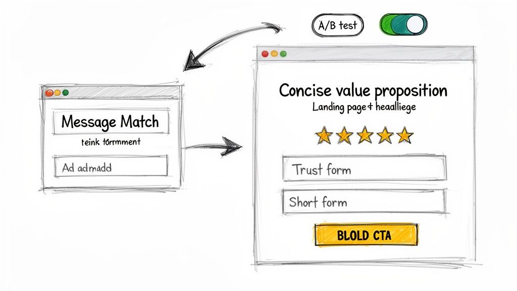 Diagram illustrating a marketing funnel from ad message matching to a landing page with A/B testing and a call to action.