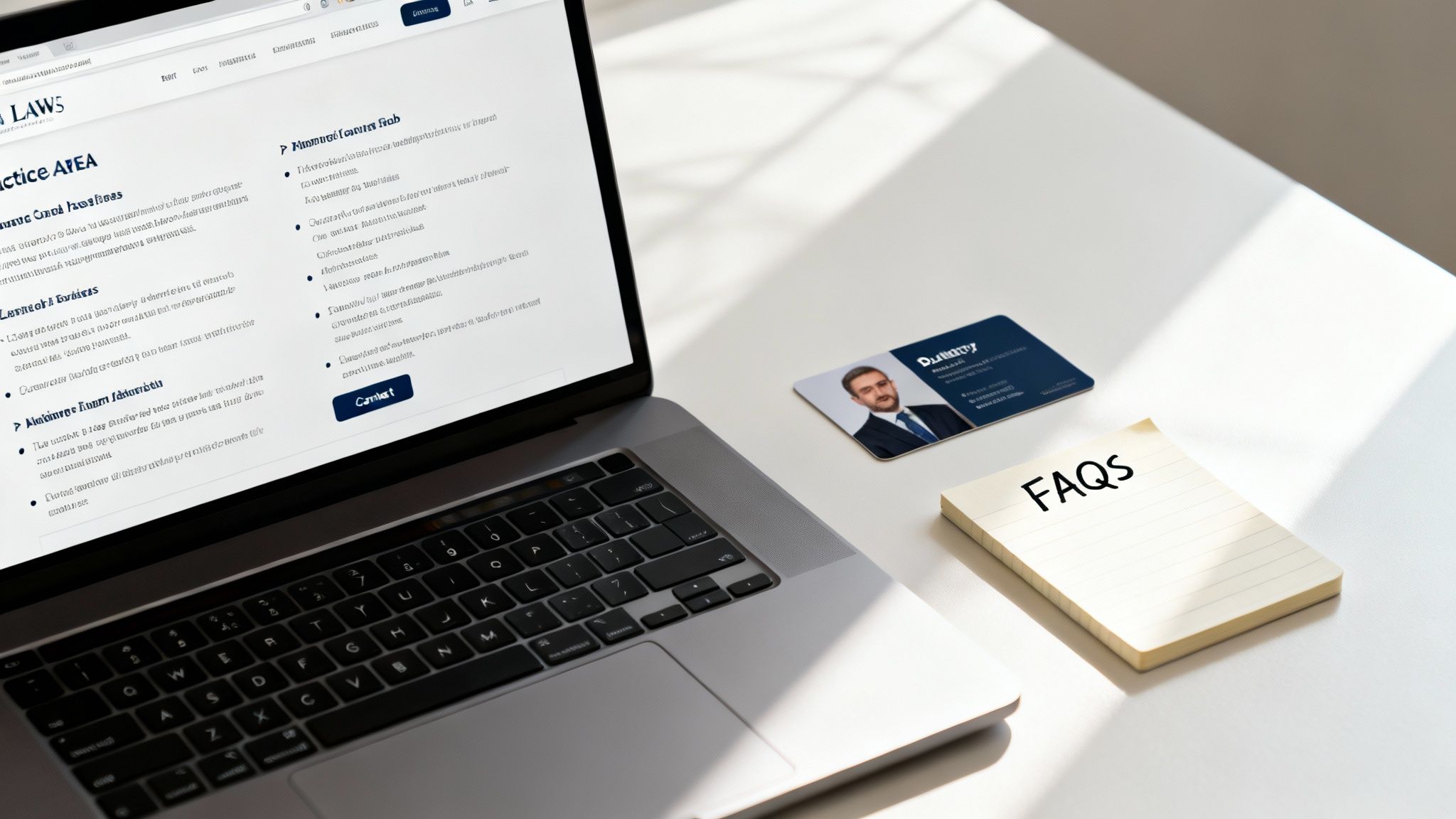 A laptop on a white desk displaying a law firm website, alongside a business card and a 'FAQs' notepad.