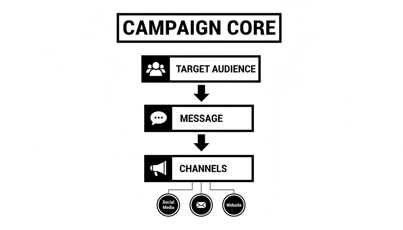A flowchart outlining the campaign core steps: target audience, message, and channels (social media, email, website).