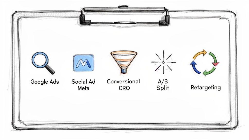 A clipboard illustrating five key digital marketing strategies: Google Ads, Social Ad Meta, Conversational CRO, A/B Split, and Retargeting.