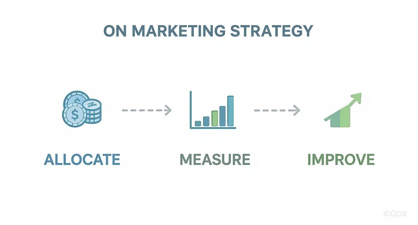 A diagram outlining a marketing strategy with steps: allocate resources, measure performance, and improve.