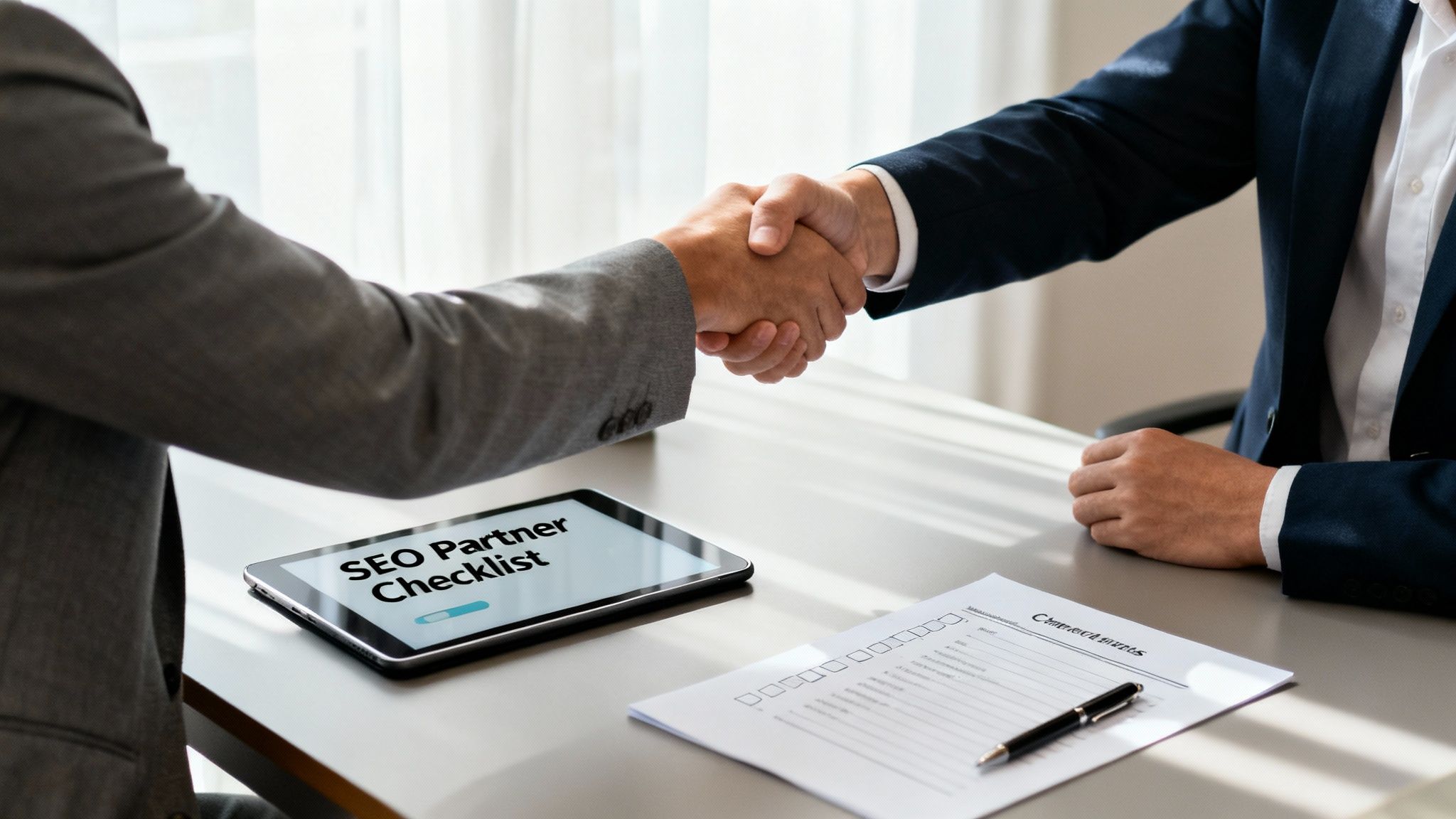 Two business professionals shaking hands over desk with SEO partner checklist tablet and contract documents