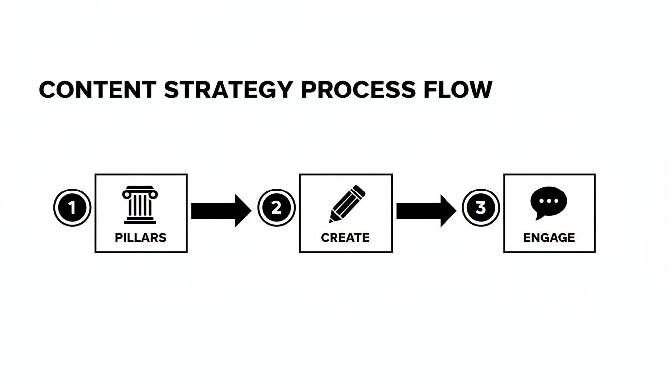 Content strategy process flow illustrating three key steps: Pillars, Create, and Engage, with corresponding icons.
