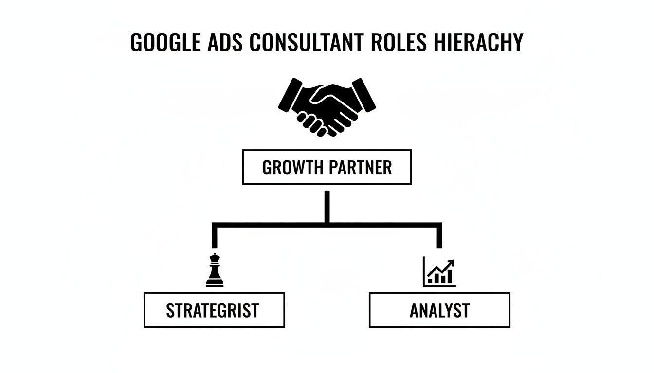 Hierarchy diagram of Google Ads consultant roles: Growth Partner, Strategist, and Analyst.