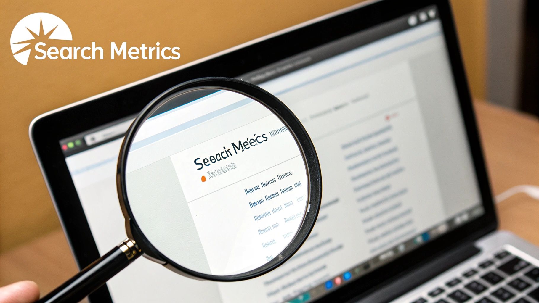 Magnifying glass over a search results page, showing charts and graphs overlaying the search results.