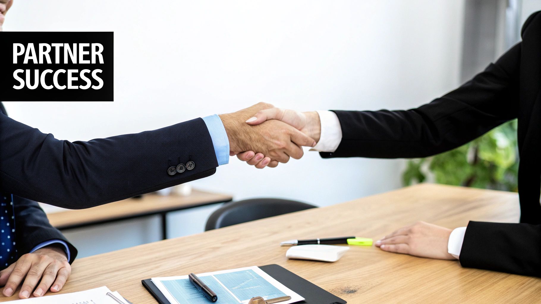 Two professionals shaking hands across a desk, signifying a new partnership with laptops and graphs in the background.