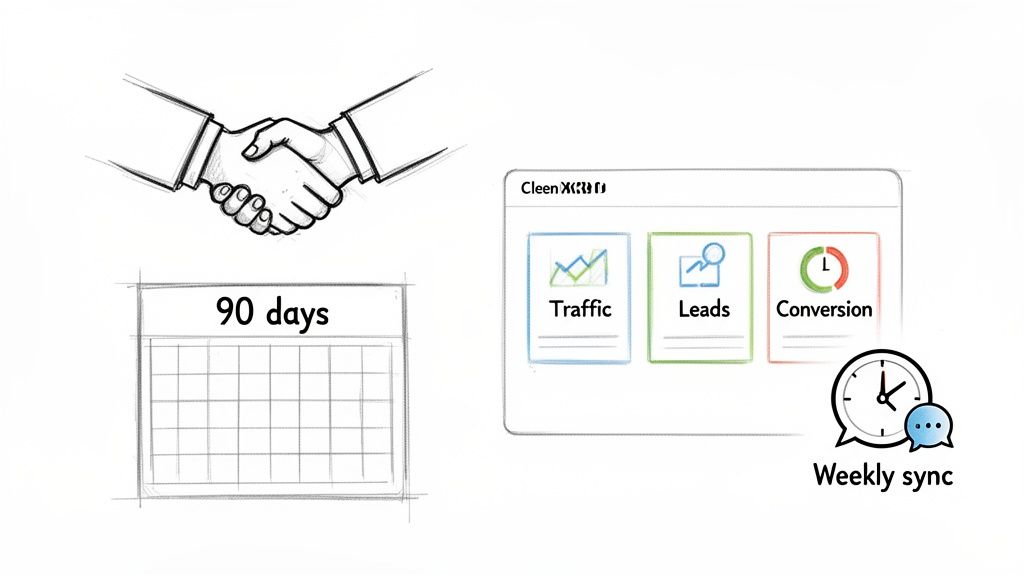 Illustrative sketch showing a business handshake, 90-day timeline, digital marketing dashboard, and weekly syncs.