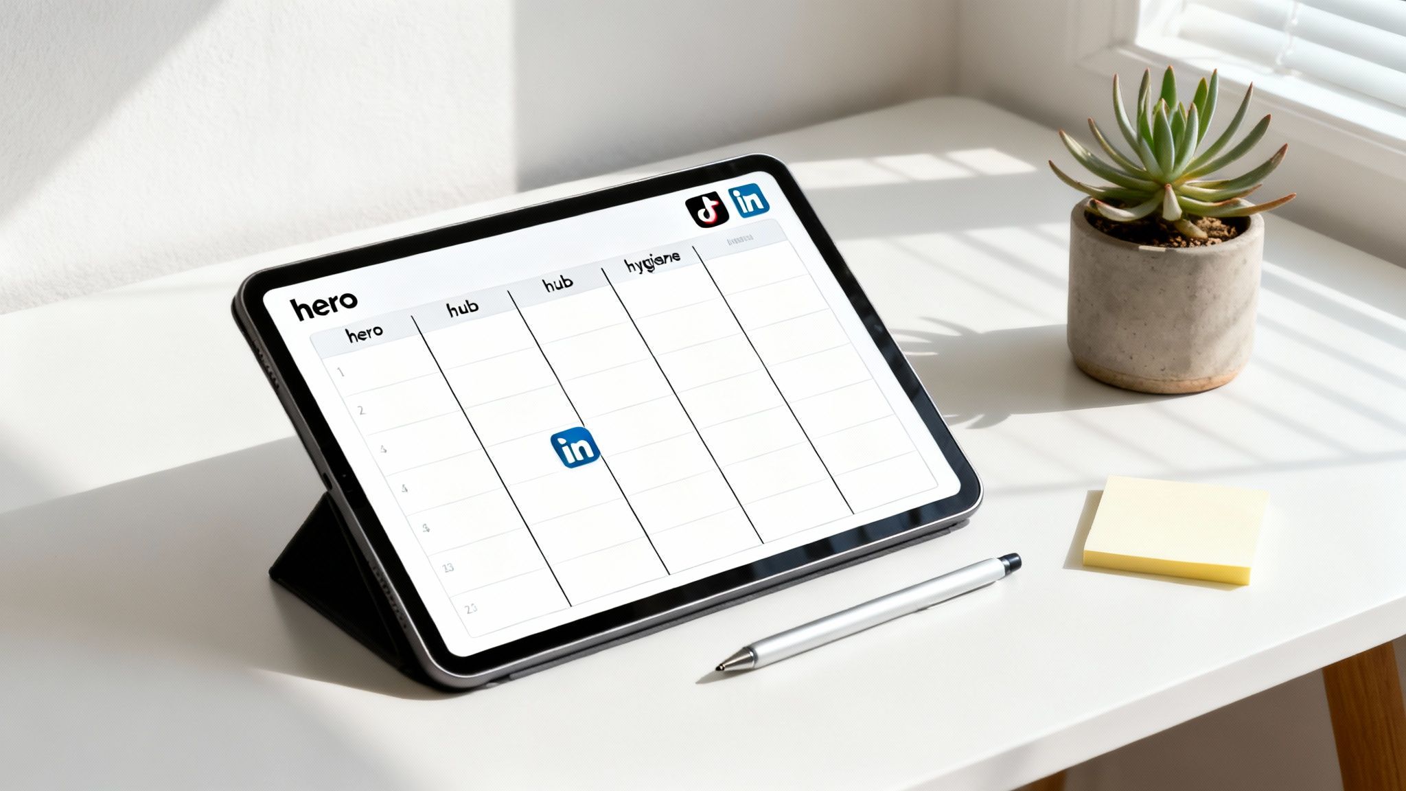 Tablet displaying a digital marketing strategy template with 'hero', 'hub', 'hygiene' columns and social media logos.