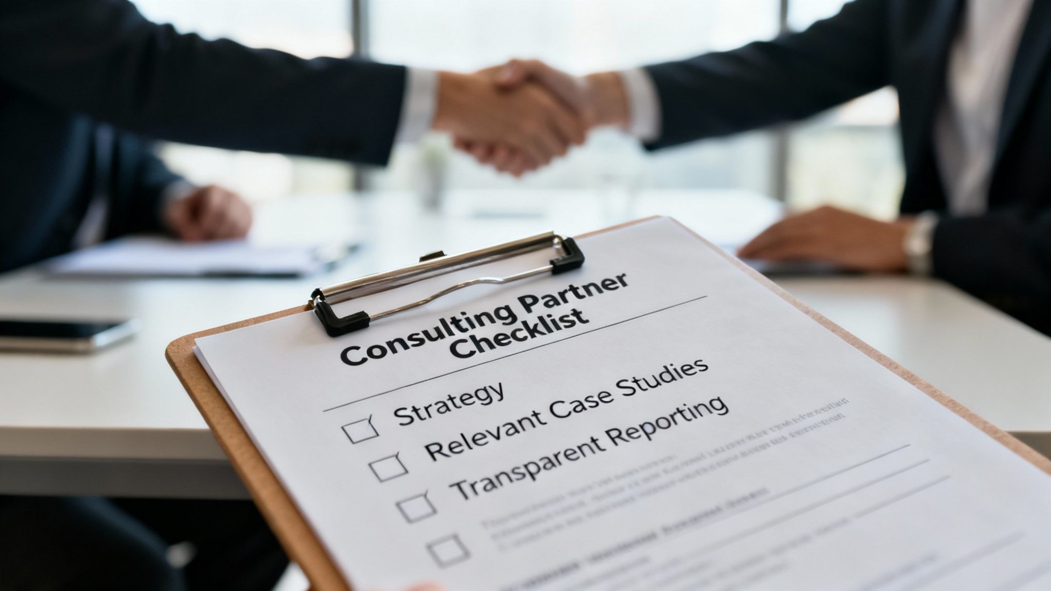 A consulting checklist with "Strategy" checked, in focus, with a handshake in the background.