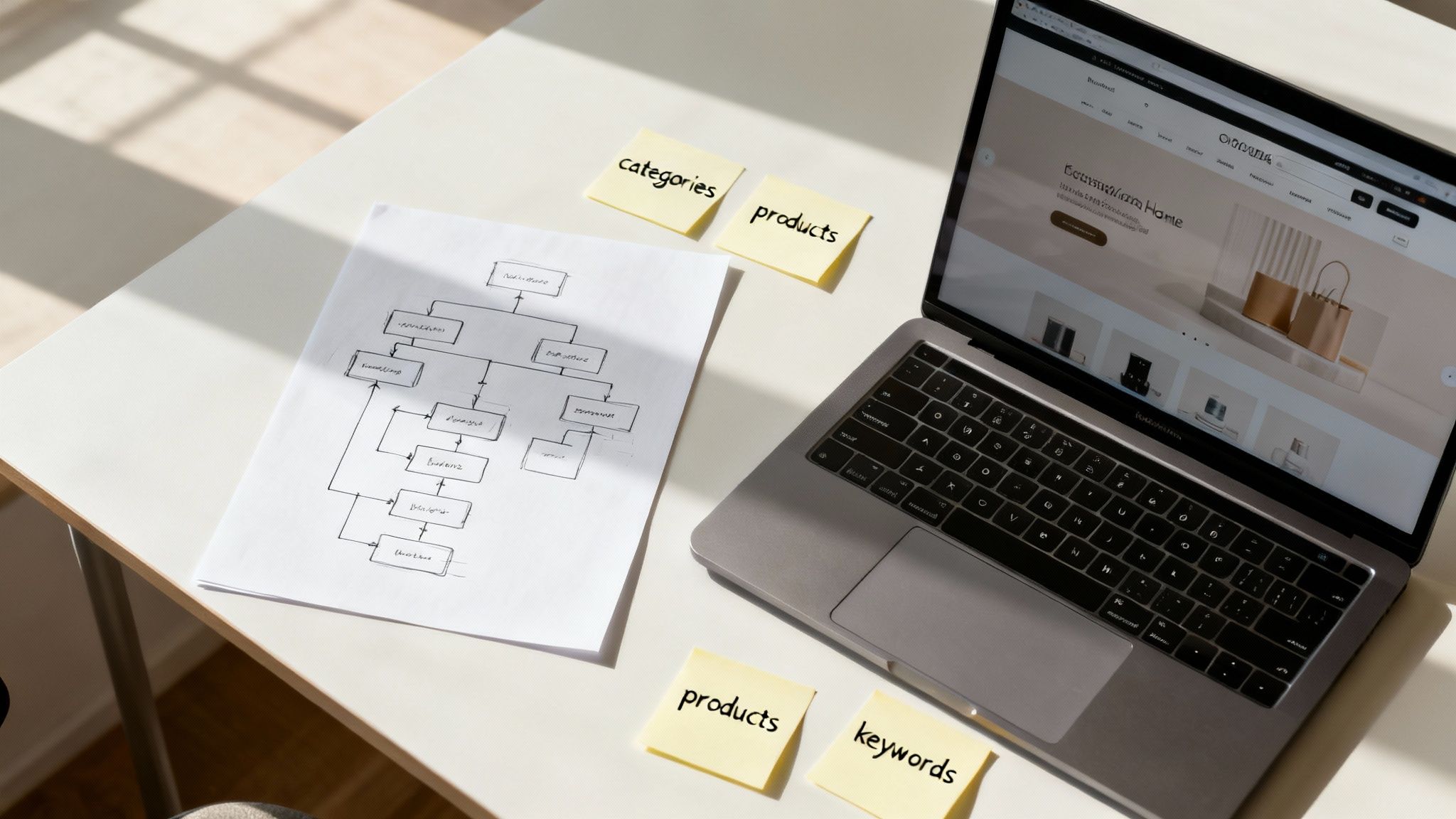 E-commerce website planning workspace with flowchart diagram, laptop, and yellow sticky notes for SEO strategy