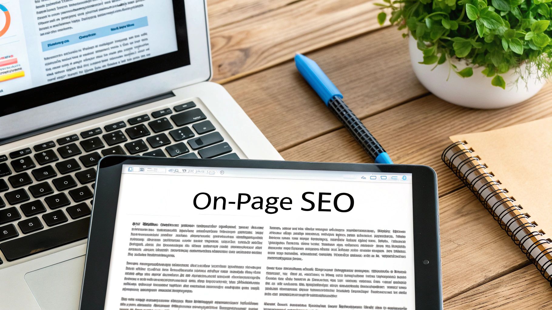 A person working on a laptop at a desk, with charts and graphs in the background, representing website traffic analysis.