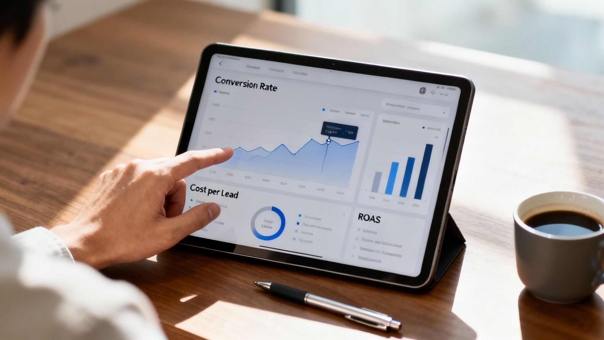 Person's hand touching a tablet displaying a digital marketing analytics dashboard with graphs and data.