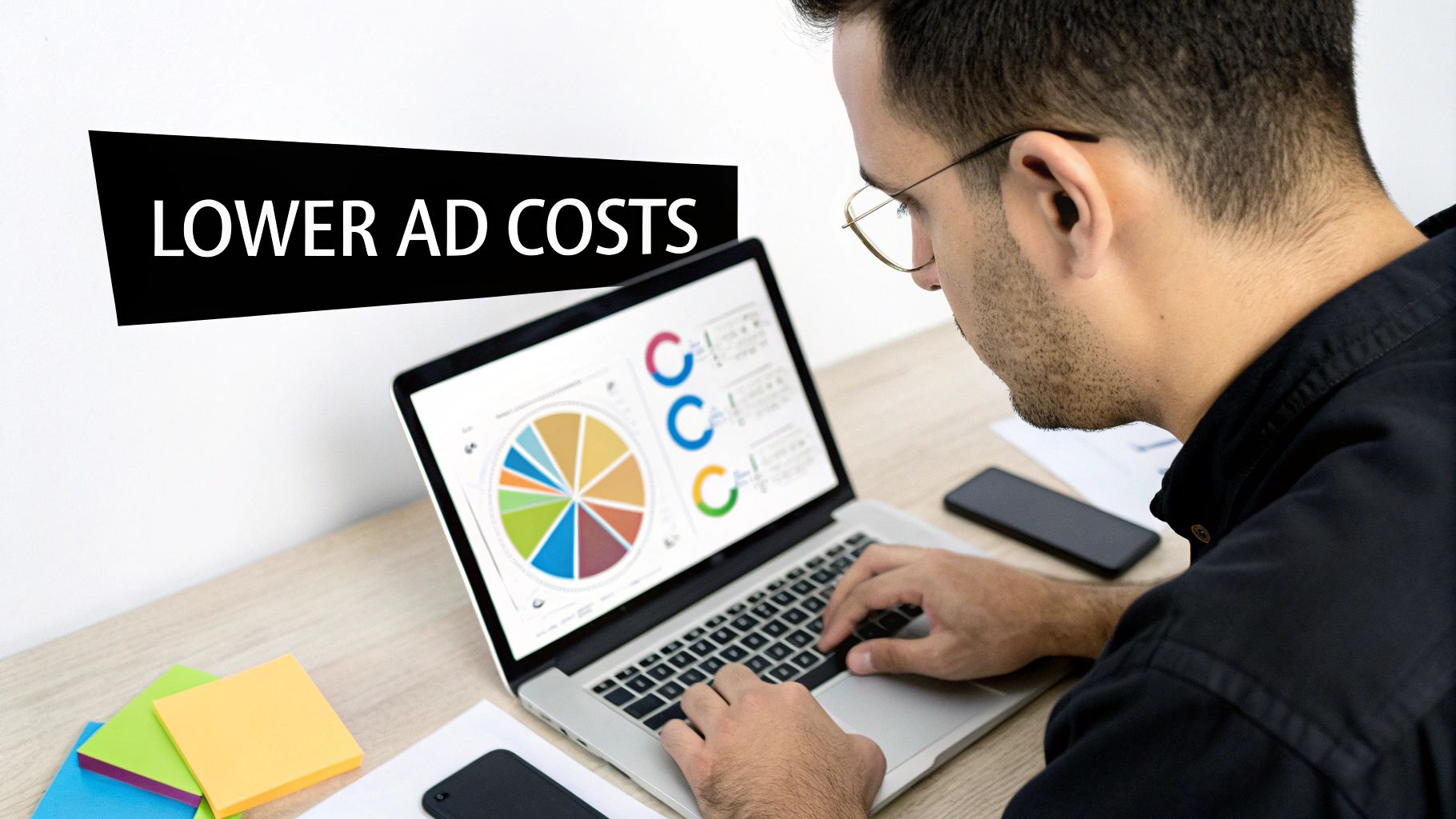 A person using a magnifying glass to inspect a Facebook ad on a screen, with charts showing decreasing costs in the background.