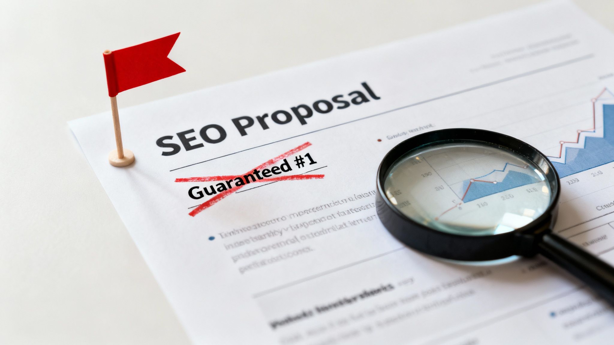 An SEO proposal document with 'Guaranteed #1' crossed out, a red flag, and a magnifying glass.