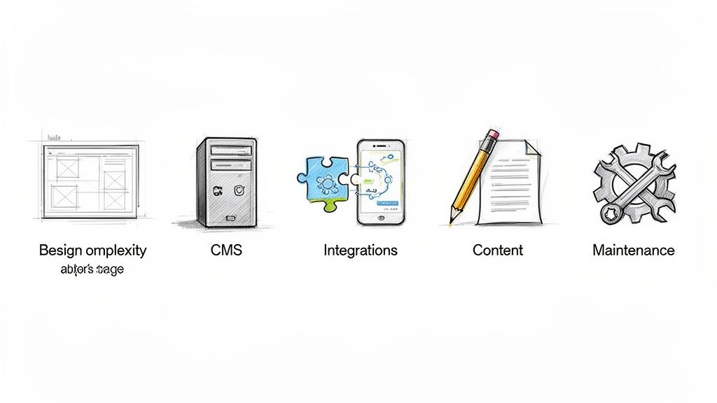 Illustrations depicting web design, CMS, integrations, content creation, and maintenance stages for a digital project.