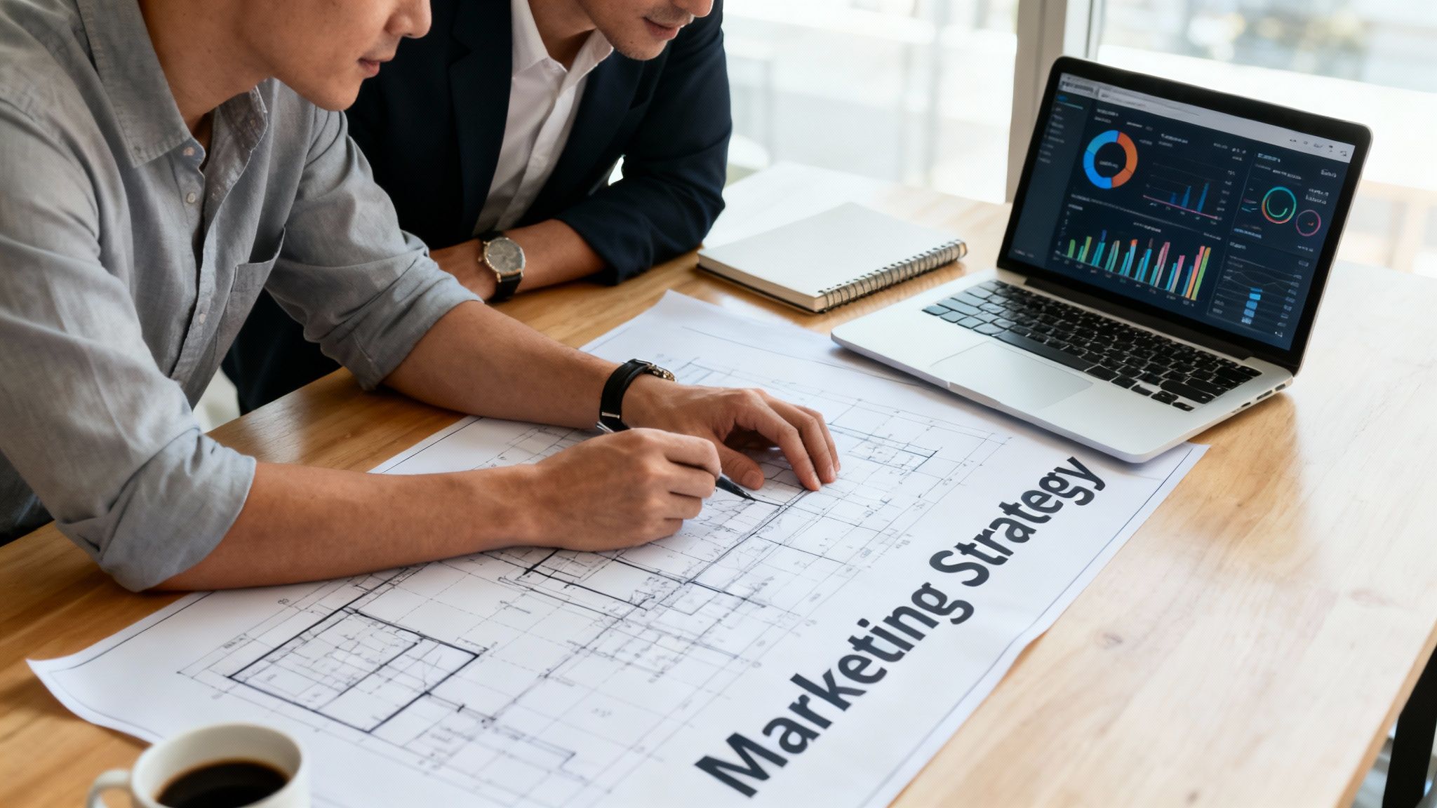Two professionals collaborate on a marketing strategy blueprint, analyzing data on a laptop.
