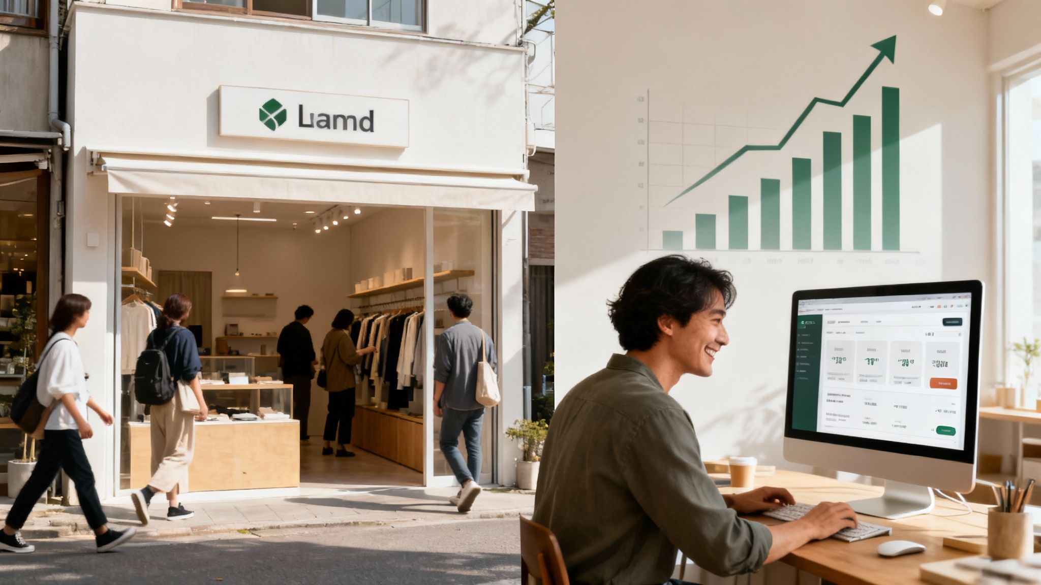 A modern retail store with shoppers, and a man smiling while working on a computer showing business growth.