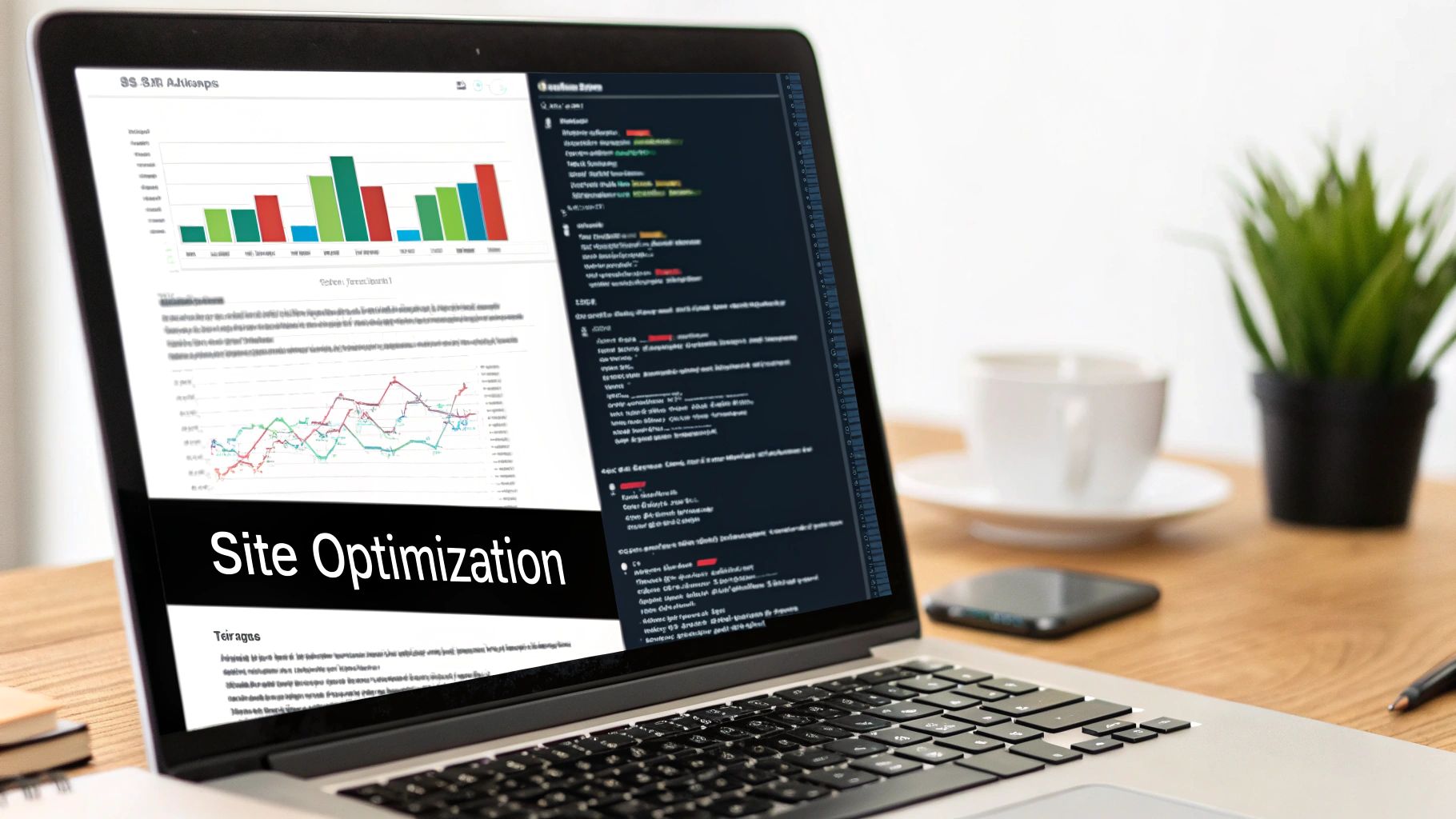 A person working on a laptop, with digital icons representing SEO elements like speed and mobile-friendliness floating around the screen.