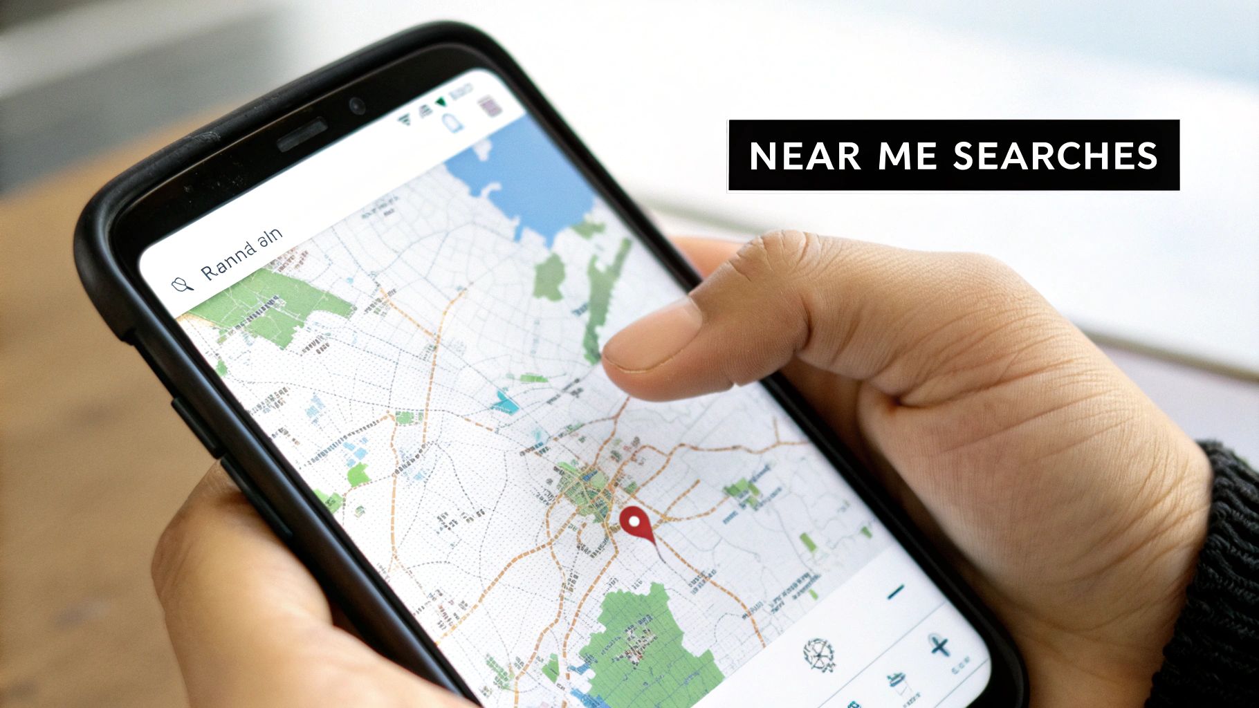 A person using a smartphone to search for local businesses, with map pins and review stars overlaid.