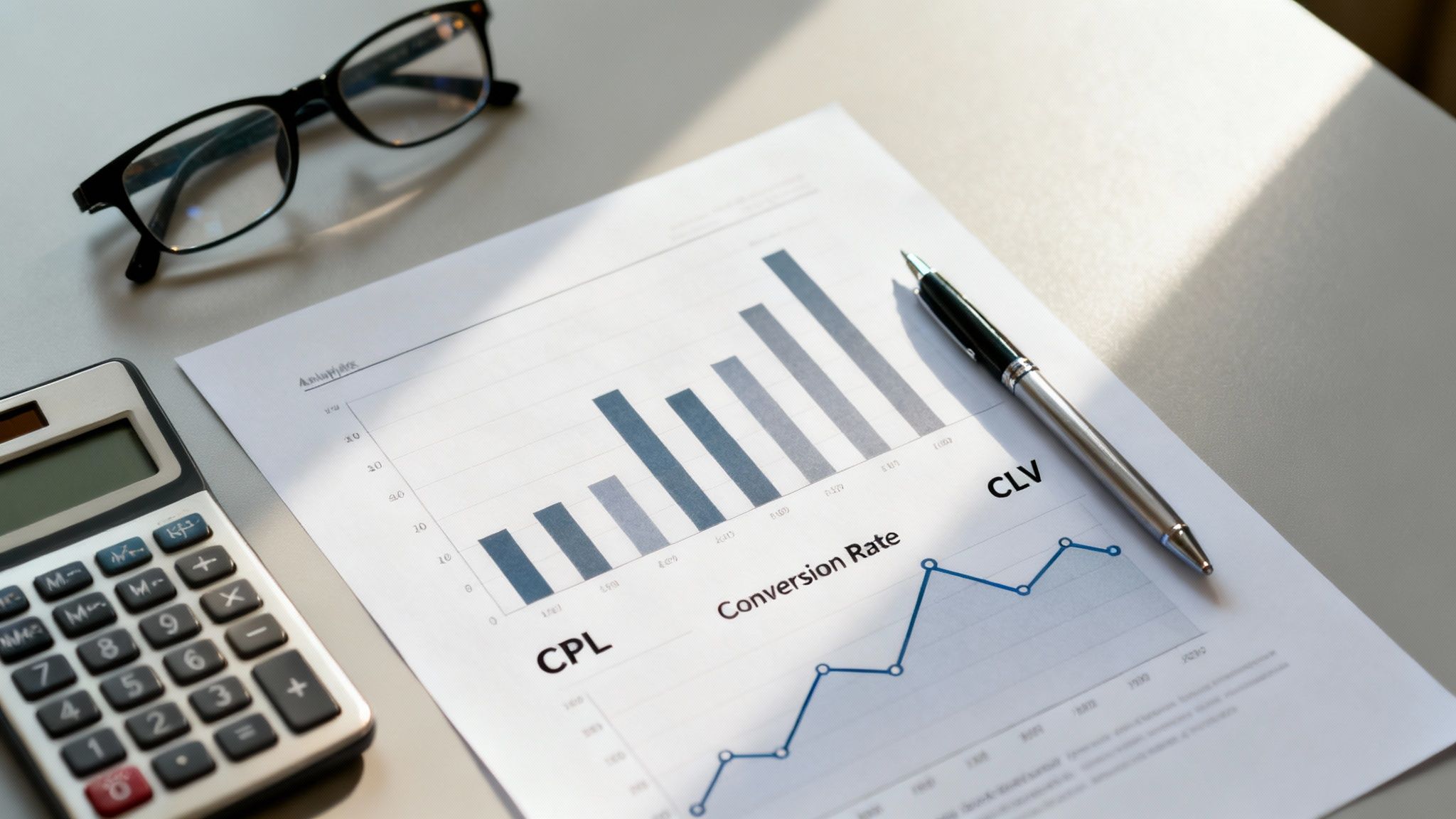 A document displaying sales charts and graphs with a calculator, glasses, and pen on a desk.