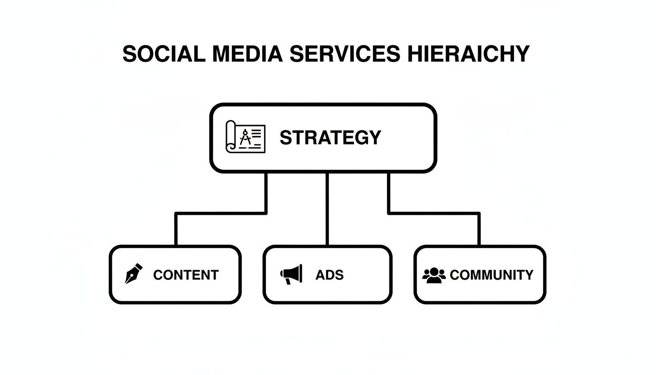 Hierarchy diagram showing social media services: Strategy, Content, Ads, and Community.