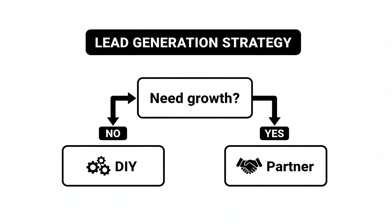 A lead generation strategy flowchart showing DIY if no growth is needed, and Partner if growth is needed.