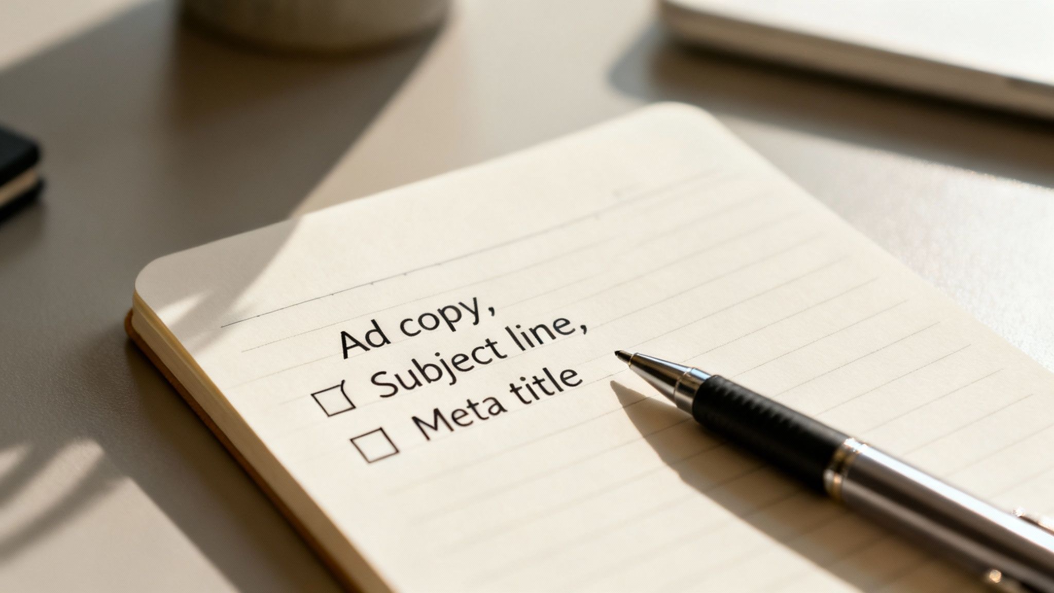A notepad with a marketing checklist, including 'Ad copy,' 'Subject line,' and 'Meta title,' next to a pen.