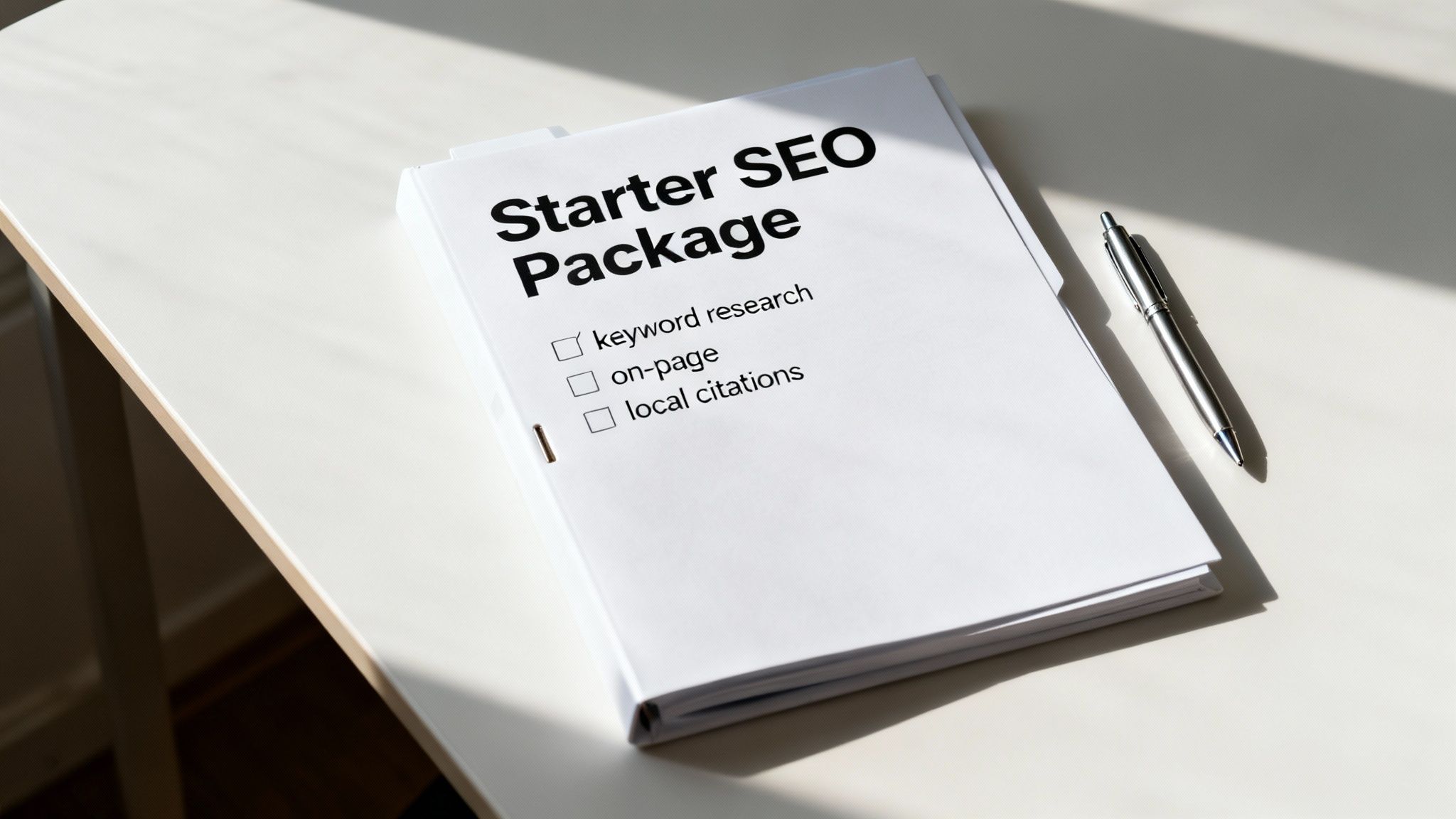 A document titled 'Starter SEO Package' with SEO services checklist and a pen on a desk.
