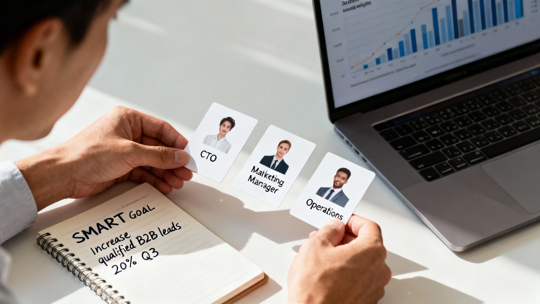 A person holds team member cards for CTO, Marketing, and Operations, planning a SMART goal.
