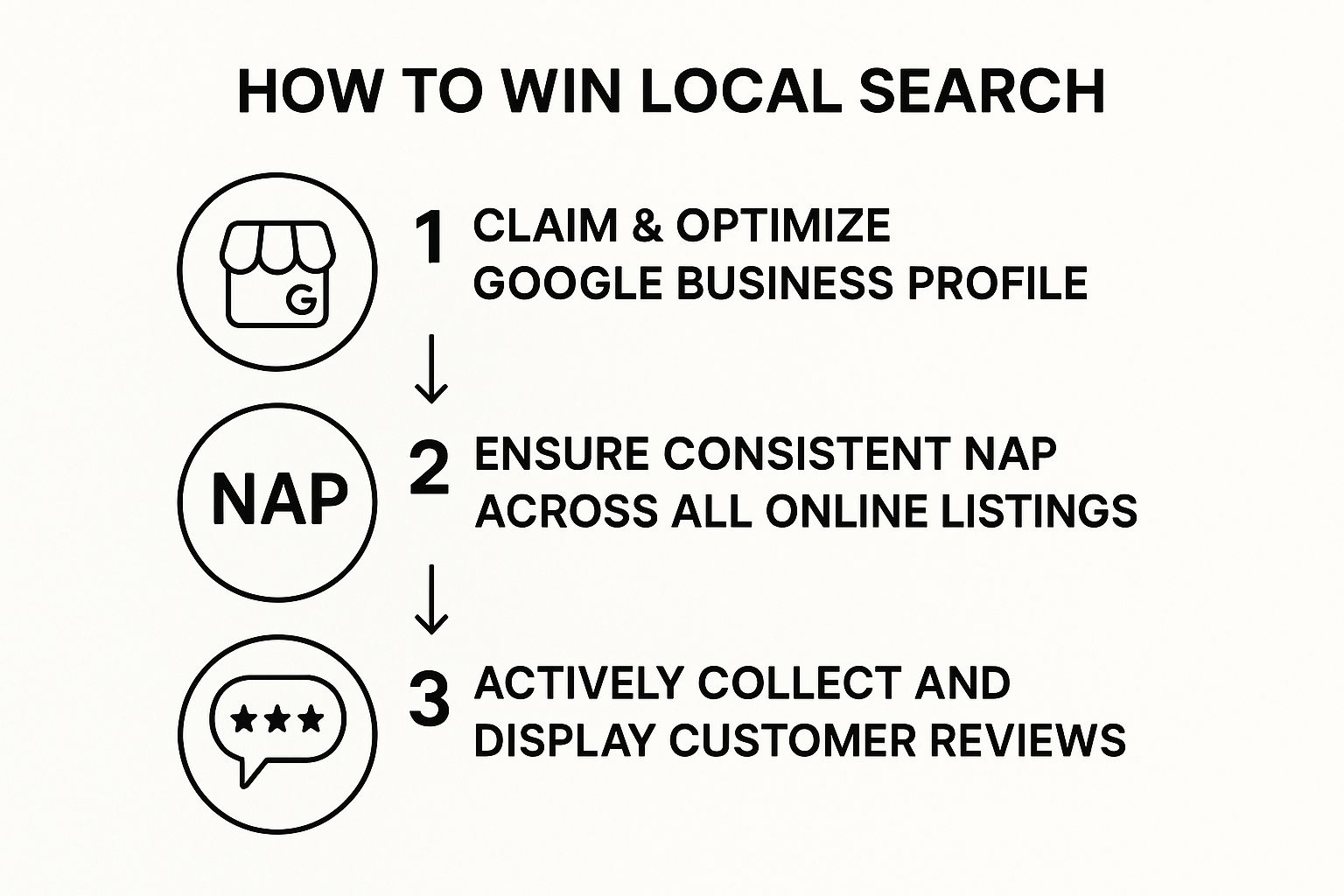Infographic outlining the three key steps for local SEO success: Optimise Google Business Profile, ensure consistent NAP, and collect customer reviews.