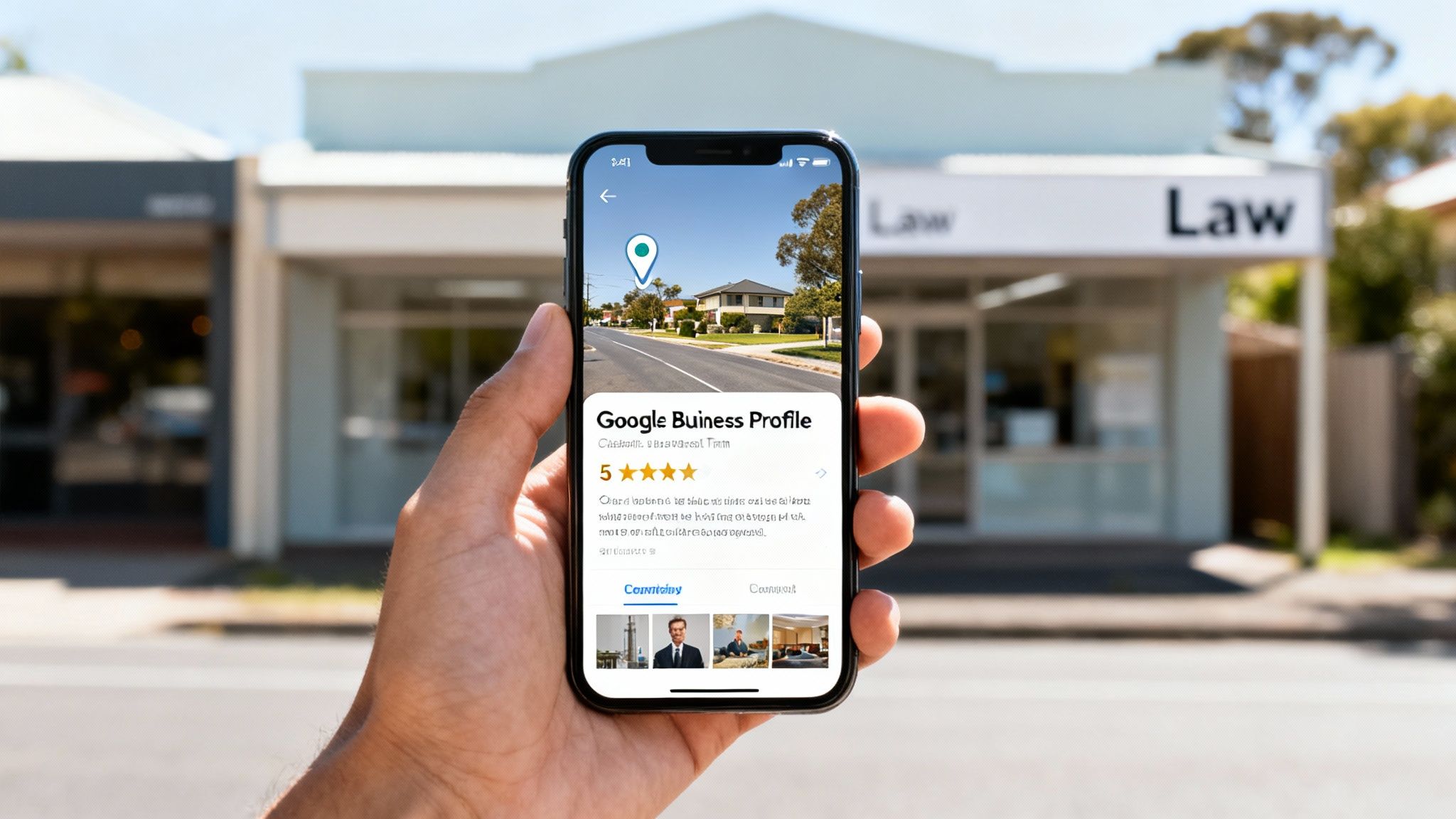 A hand holds a smartphone displaying a Google Business Profile for a law firm, showing map location and customer reviews.