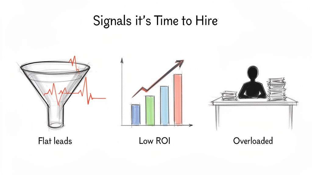 Illustrates business signals indicating the need to hire: flat leads, low ROI, and an overloaded employee.