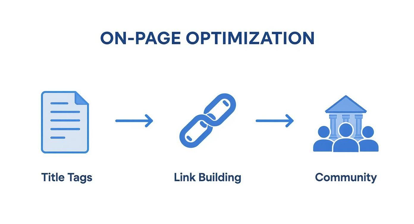 Diagram illustrating on-page optimization steps: Title Tags, Link Building, and Community, connected by arrows.