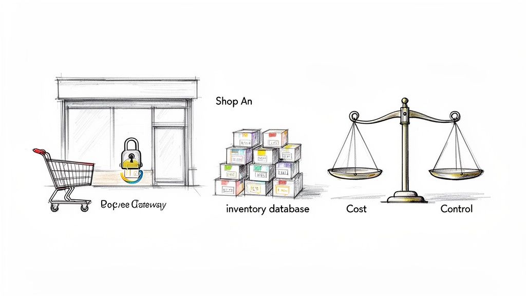Illustration depicting e-commerce elements: a shopping cart, secure gateway, inventory database, and balancing cost with control.