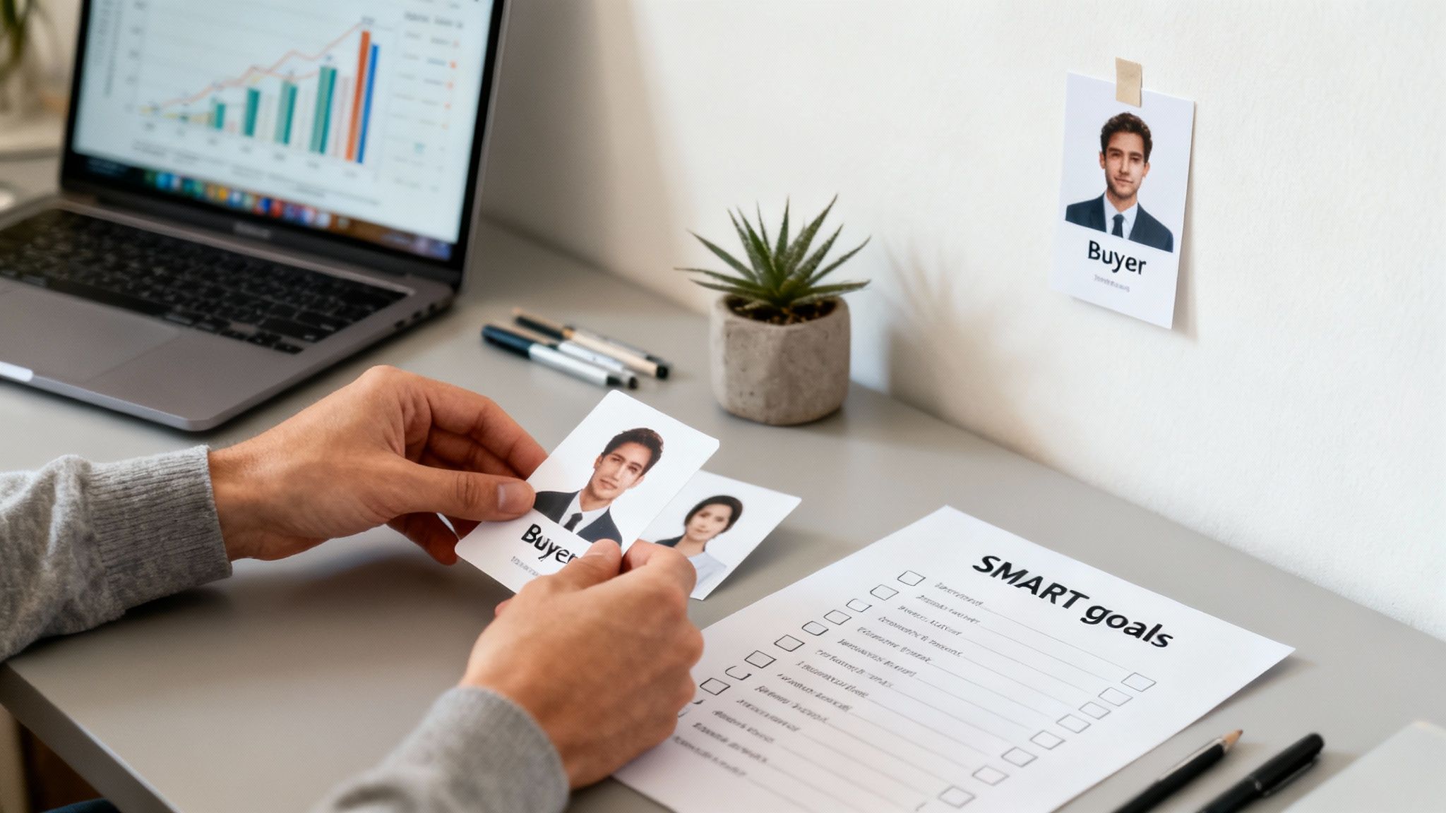 Hands holding 'Buyer' persona cards next to a laptop with charts and 'SMART goals' document.