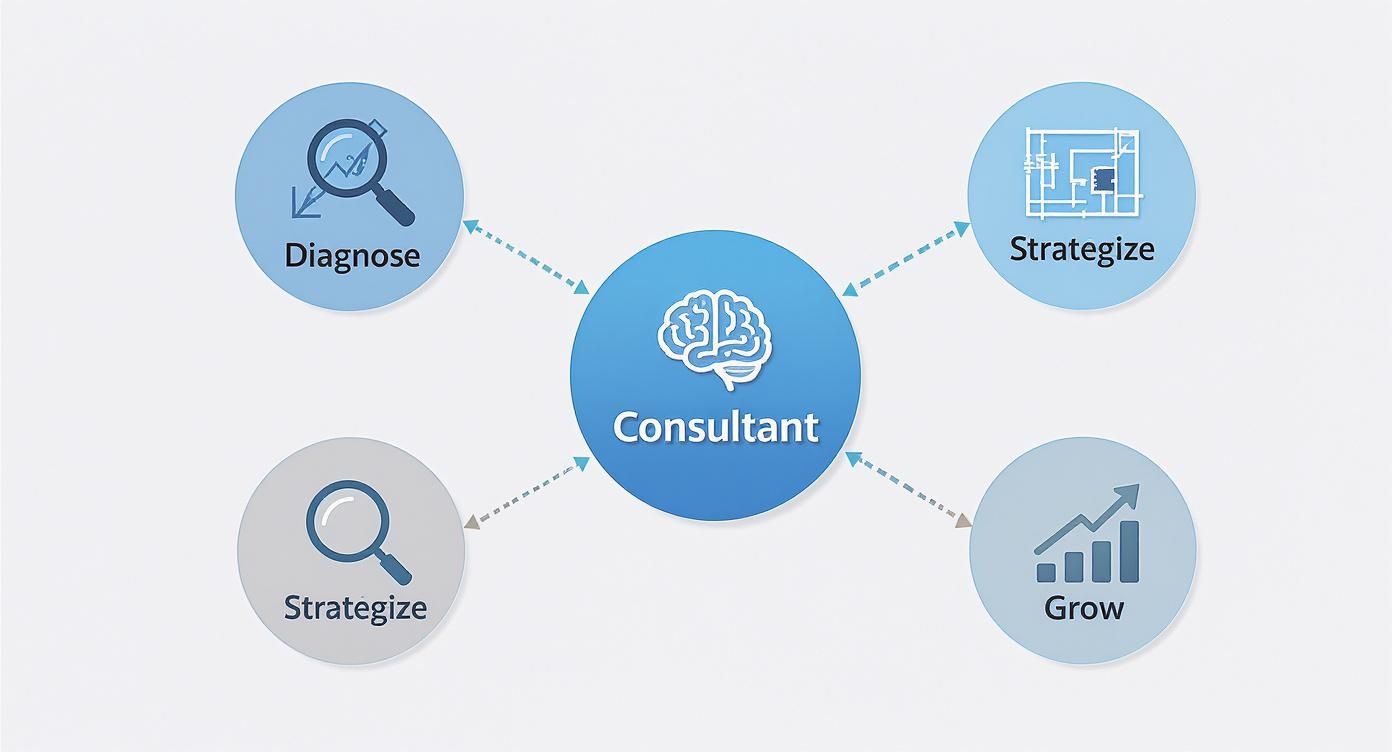 A visual diagram showing a consultant's role in diagnosing issues, strategizing solutions, and fostering business growth.