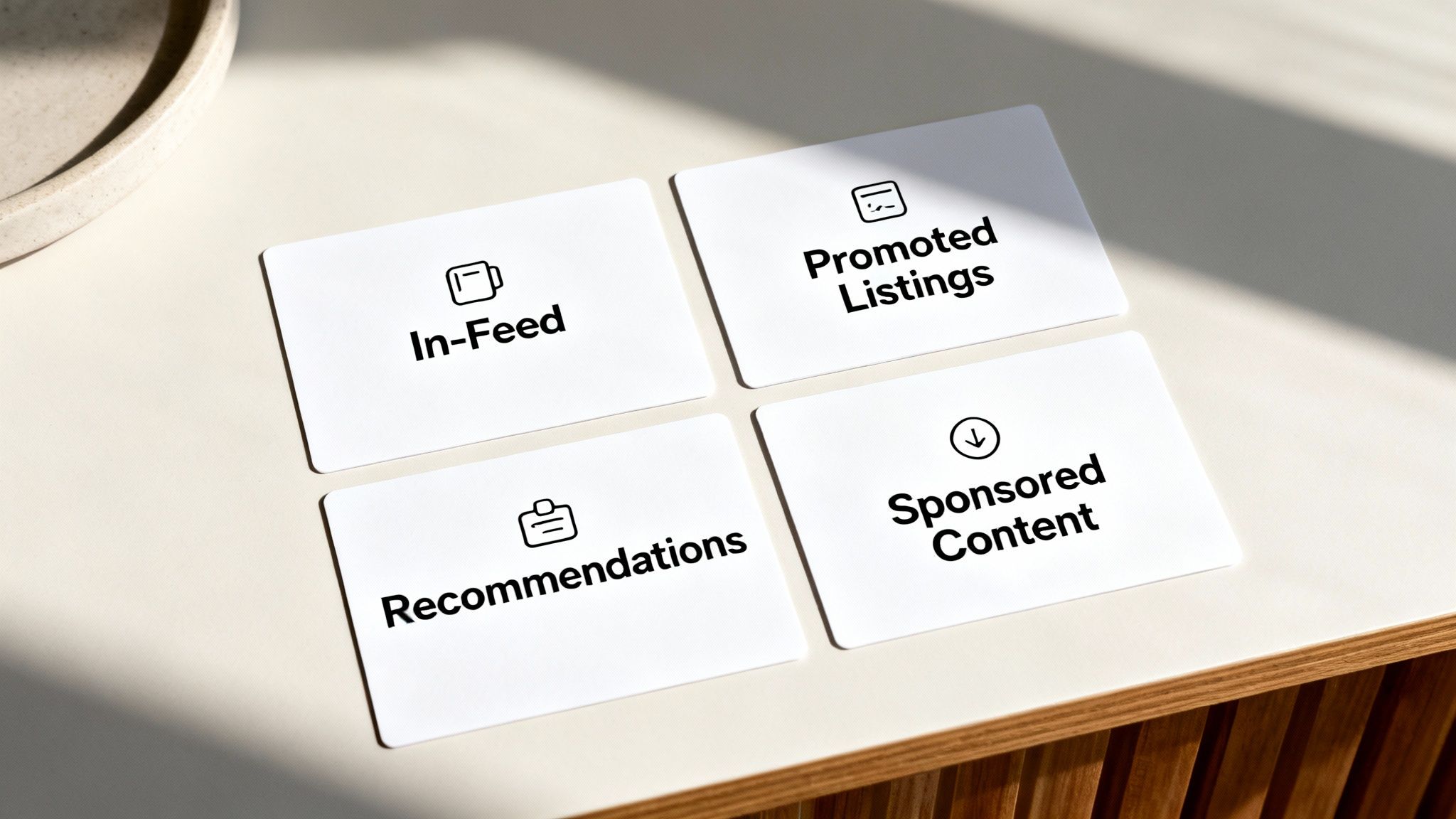 Four white cards displaying 'In-Feed', 'Promoted Listings', 'Recommendations', and 'Sponsored Content'.