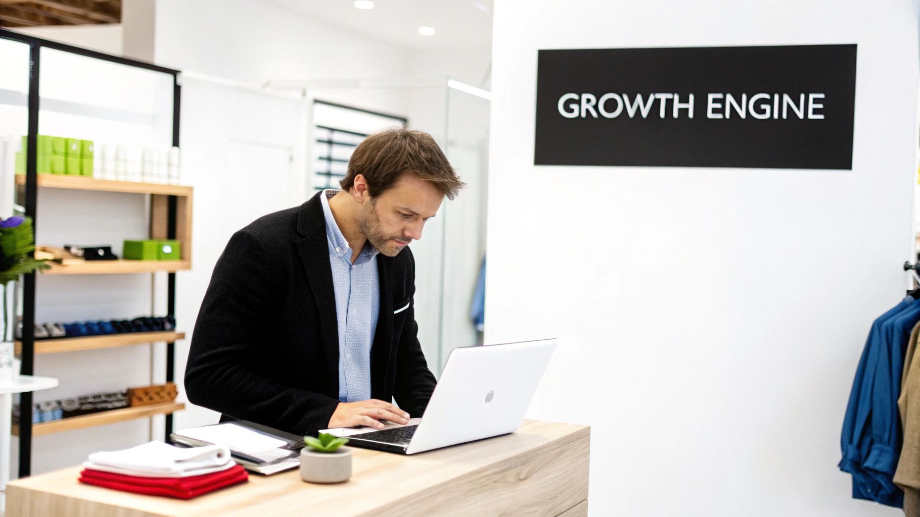 A small business owner working on a laptop, symbolising the implementation of SEO marketing strategies to grow their business.
