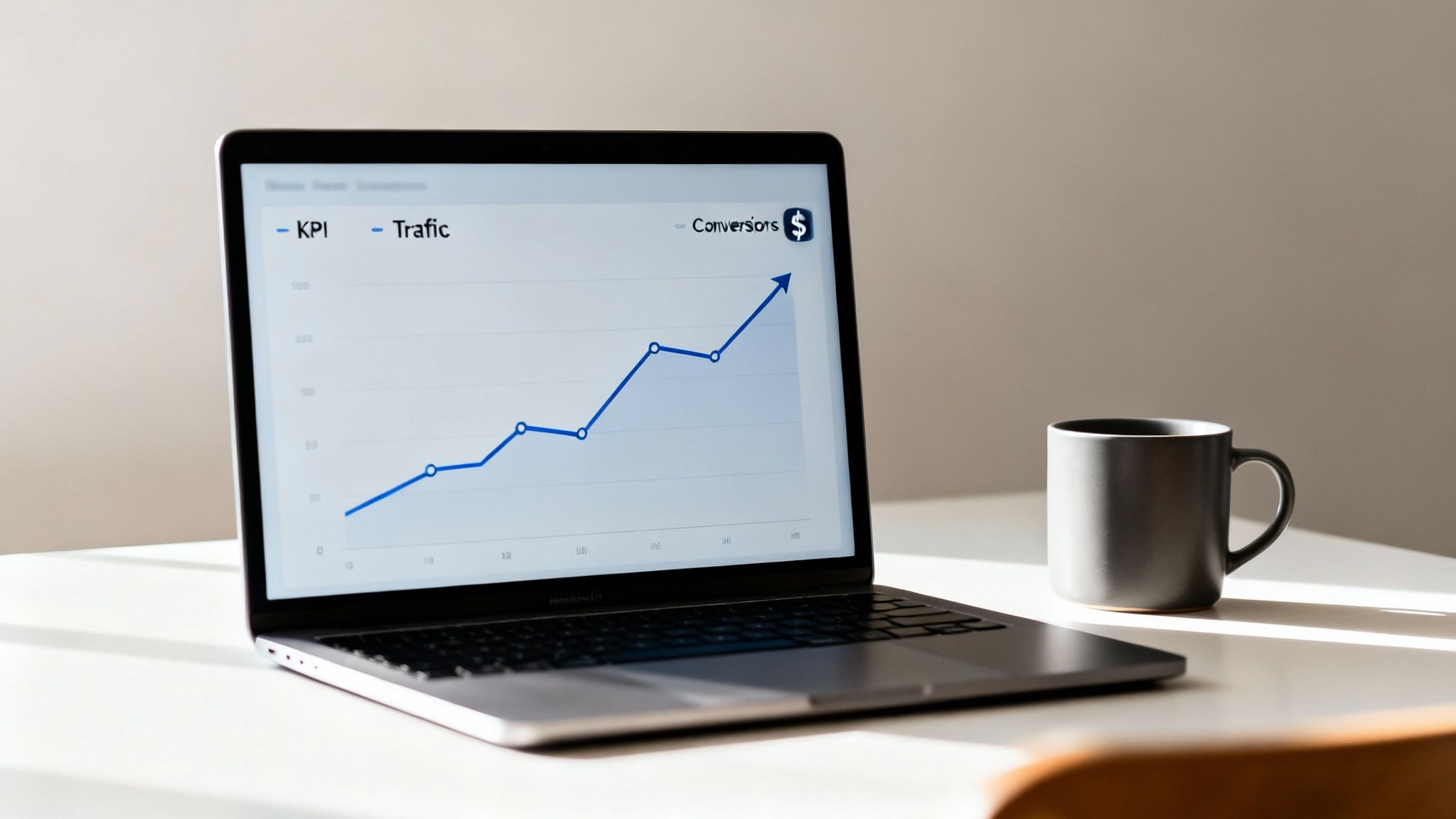 A laptop screen displays a business growth graph with KPI, Traffic, and Conversions data, beside a coffee mug.