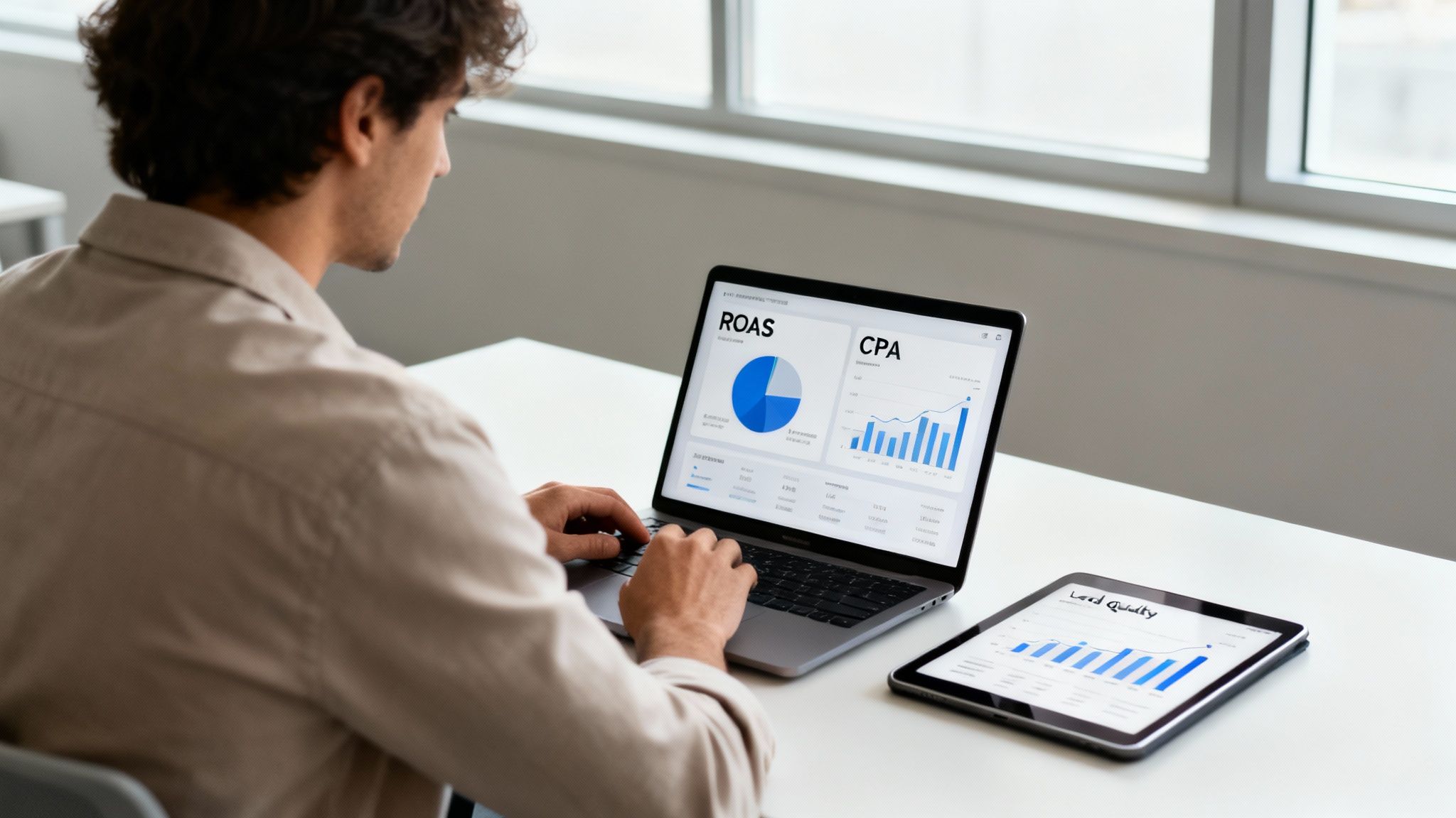 Man analyzing marketing data on laptop and tablet, showing ROAS, CPA, and lead quality metrics.