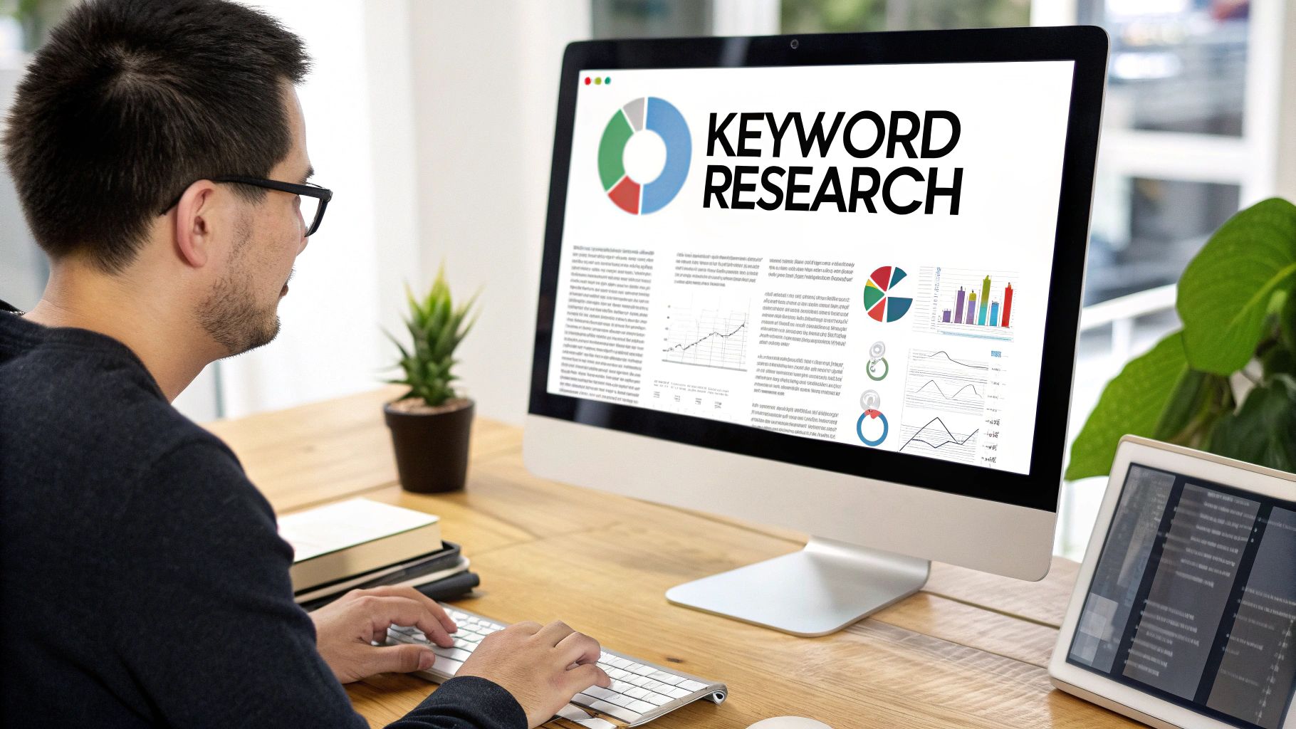 A person working on a laptop at a desk, with charts and graphs in the background, representing website traffic analysis.