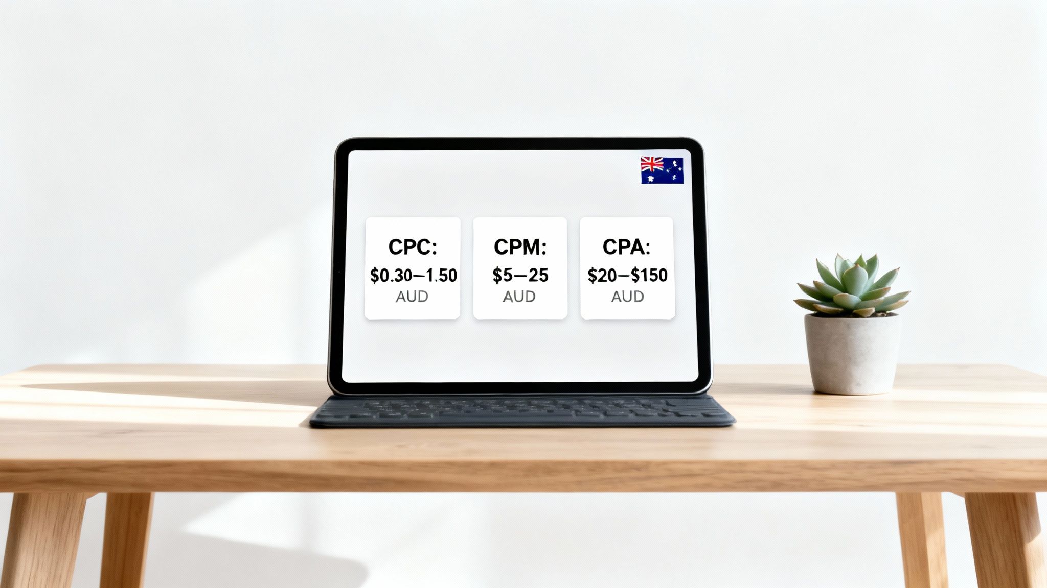 A tablet on a wooden desk displays Australian advertising costs for CPC, CPM, and CPA, with an Australian flag.