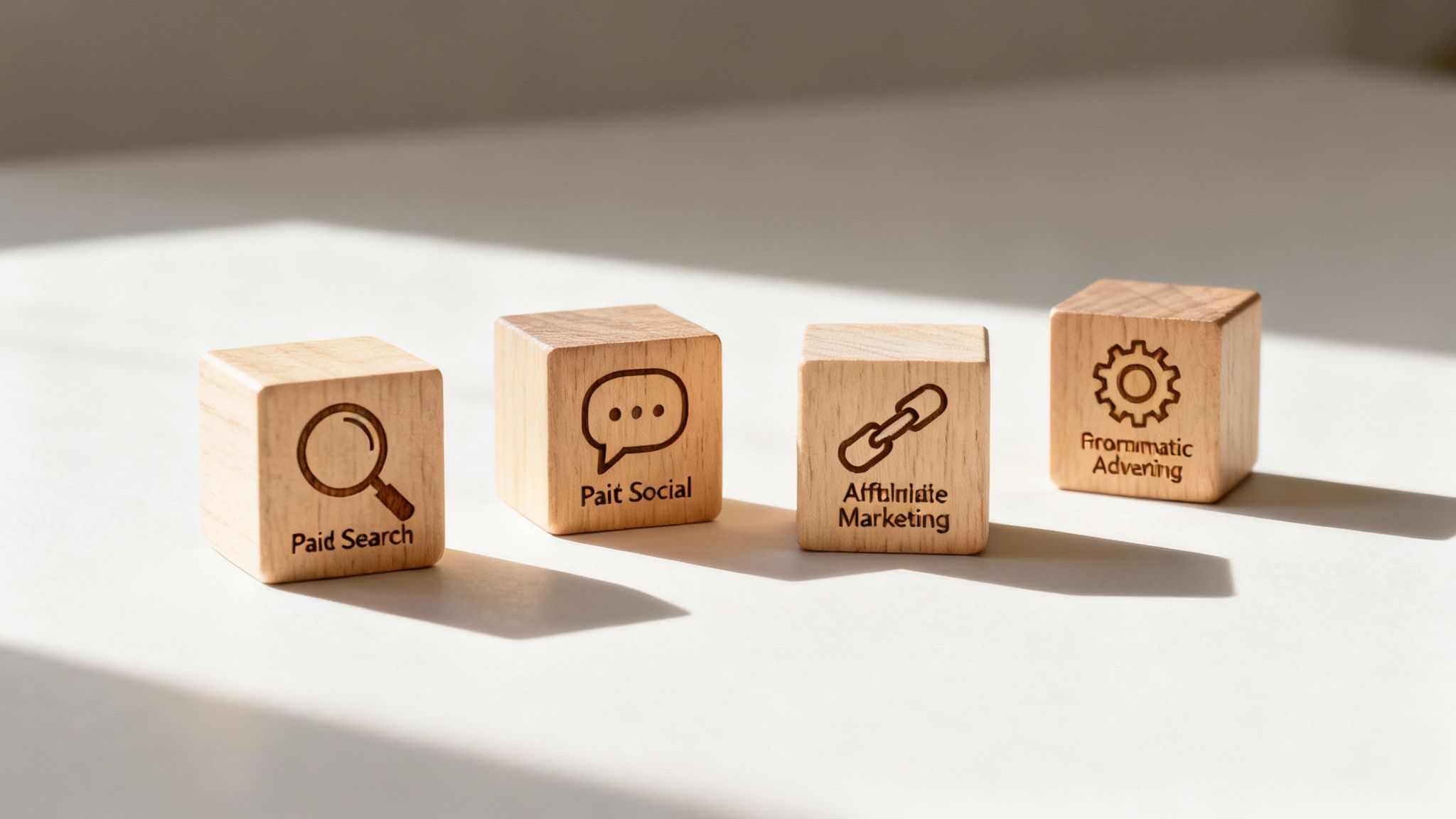 Four wooden blocks displaying icons and text for Paid Search, Paid Social, Affiliate Marketing, and Programmatic Advertising.