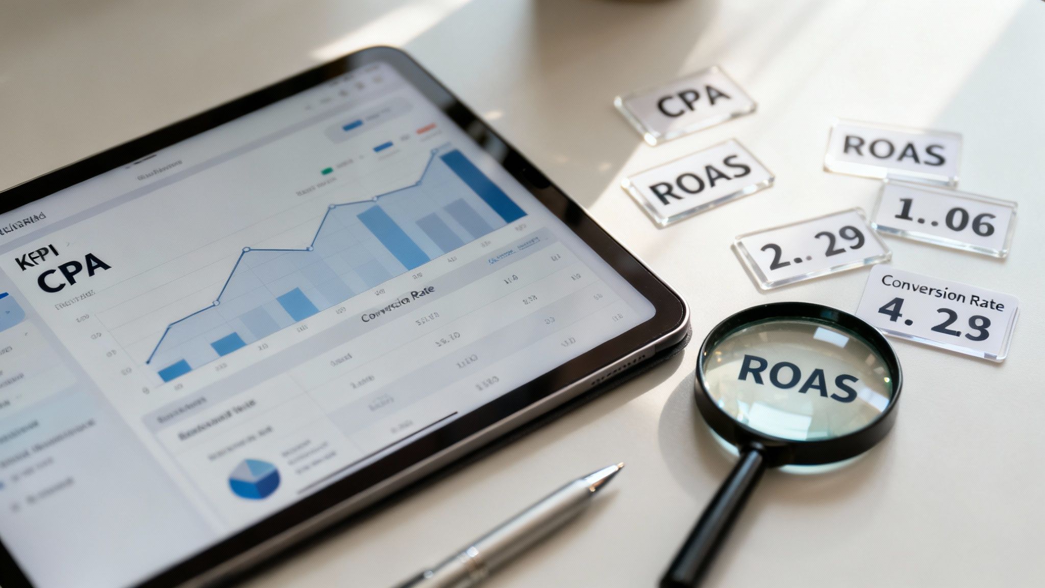 A tablet displaying PPC ad management metrics with a magnifying glass over ROAS data.